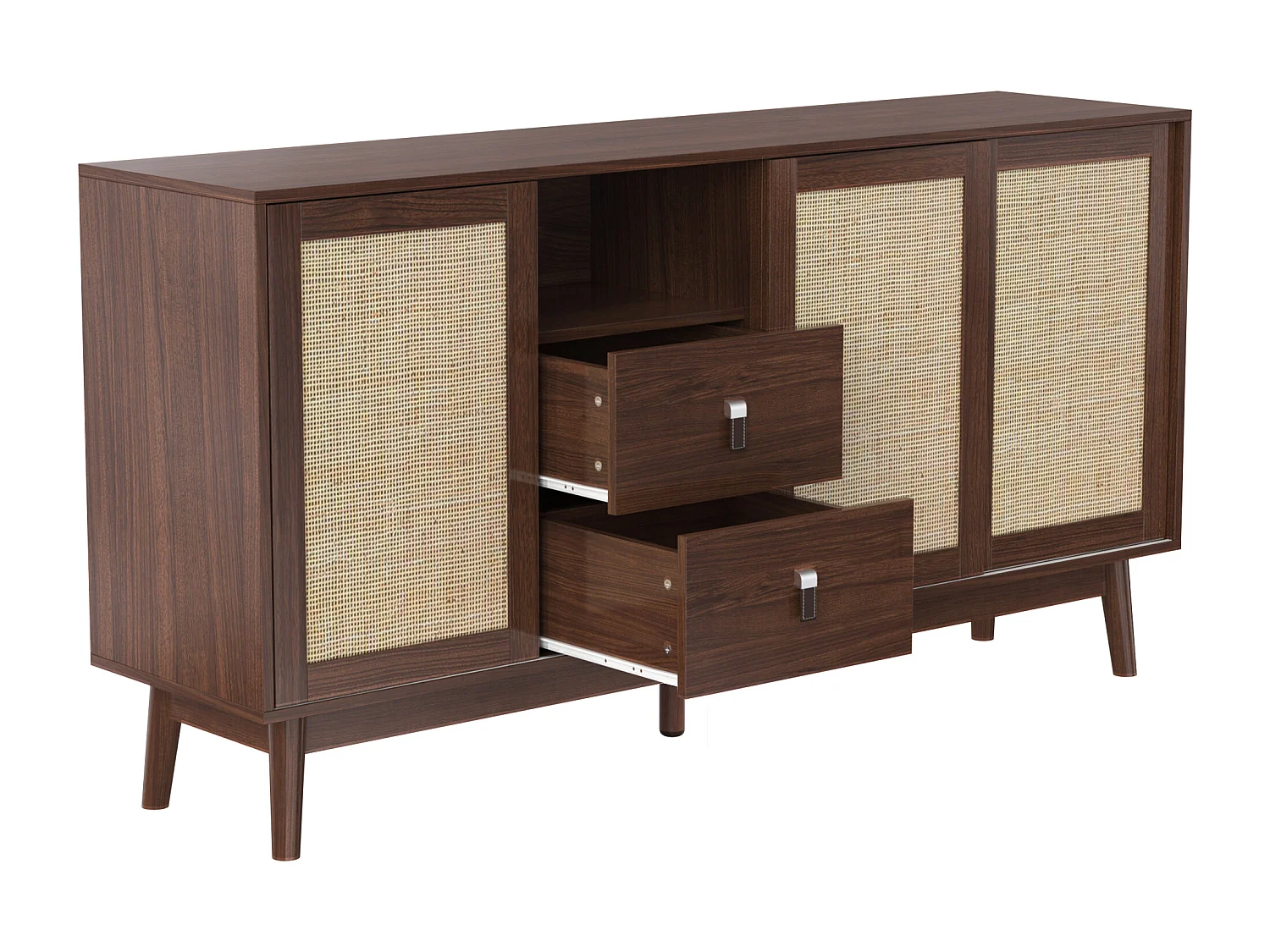 Credenza con 3 ante in vero rattan, 2 cassetti, 2 vani a giorno, legno (155x38x80 cm)