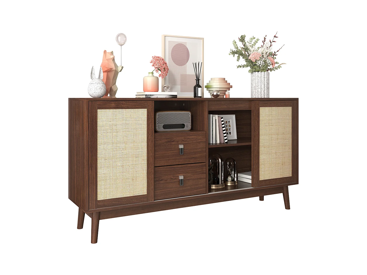 Buffet avec 3 portes en rotin véritable, 2 tiroirs, 2 compartiments ouverts, bois (155x38x80 cm)