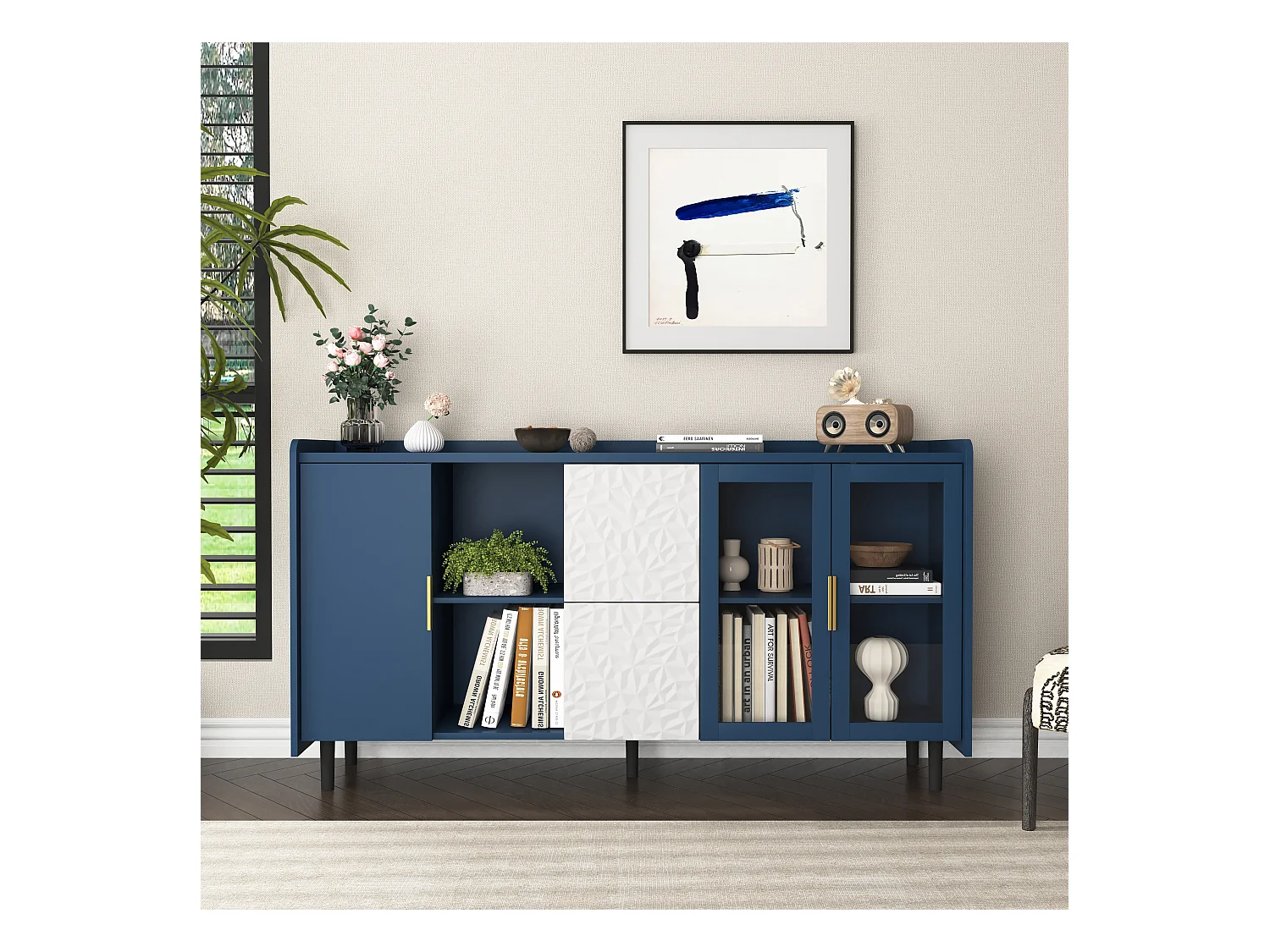Vorratsschrank pour la cuisine avec 2 tiroirs, 2 étagères ouvertes et 2 portes en verre, meuble buffet en MDF bleu (150x40x80 cm)