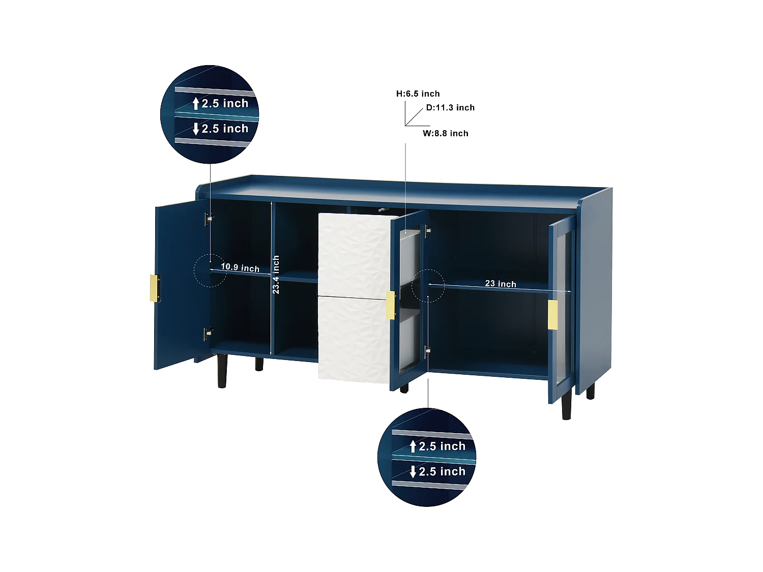 Vorratsschrank pour la cuisine avec 2 tiroirs, 2 étagères ouvertes et 2 portes en verre, meuble buffet en MDF bleu (150x40x80 cm)