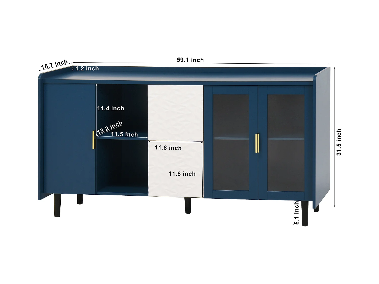 Vorratsschrank pour la cuisine avec 2 tiroirs, 2 étagères ouvertes et 2 portes en verre, meuble buffet en MDF bleu (150x40x80 cm)