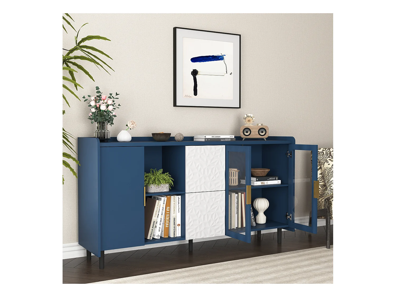 Vorratsschrank pour la cuisine avec 2 tiroirs, 2 étagères ouvertes et 2 portes en verre, meuble buffet en MDF bleu (150x40x80 cm)