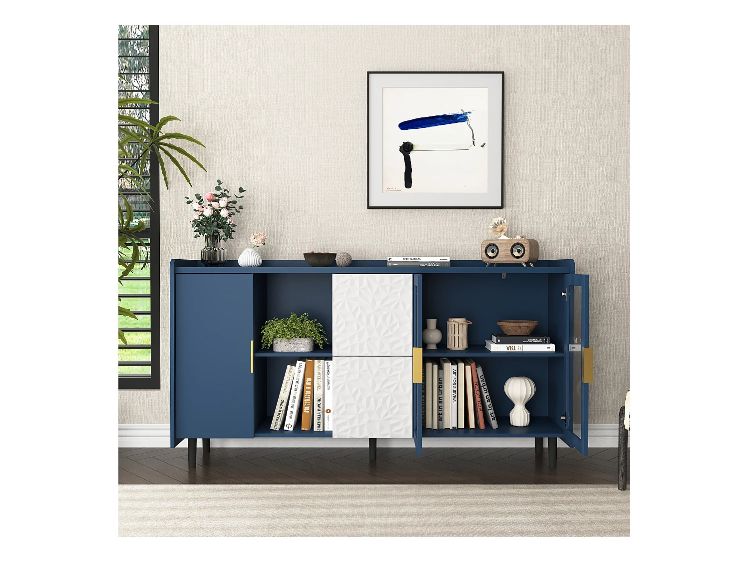 Aparador de cocina con 2 cajones, 2 estantes abiertos y 2 puertas de cristal, aparador de MDF azul (150x40x80 cm)