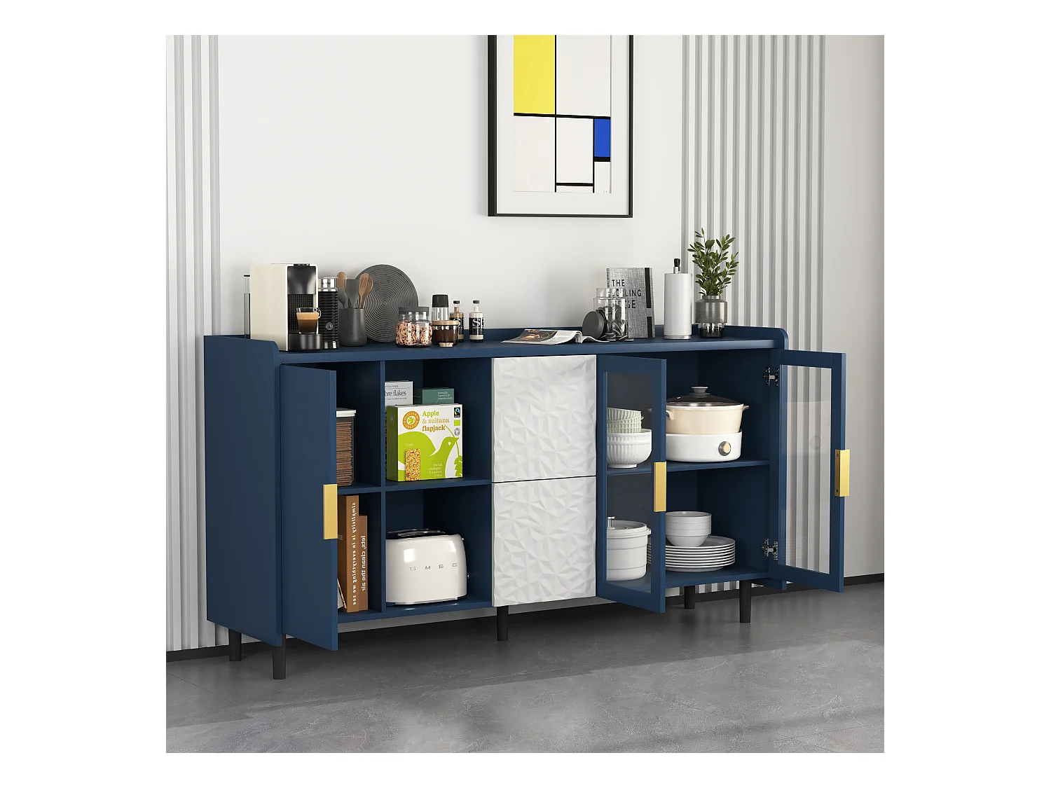 Aparador de cocina con 2 cajones, 2 estantes abiertos y 2 puertas de cristal, aparador de MDF azul (150x40x80 cm)