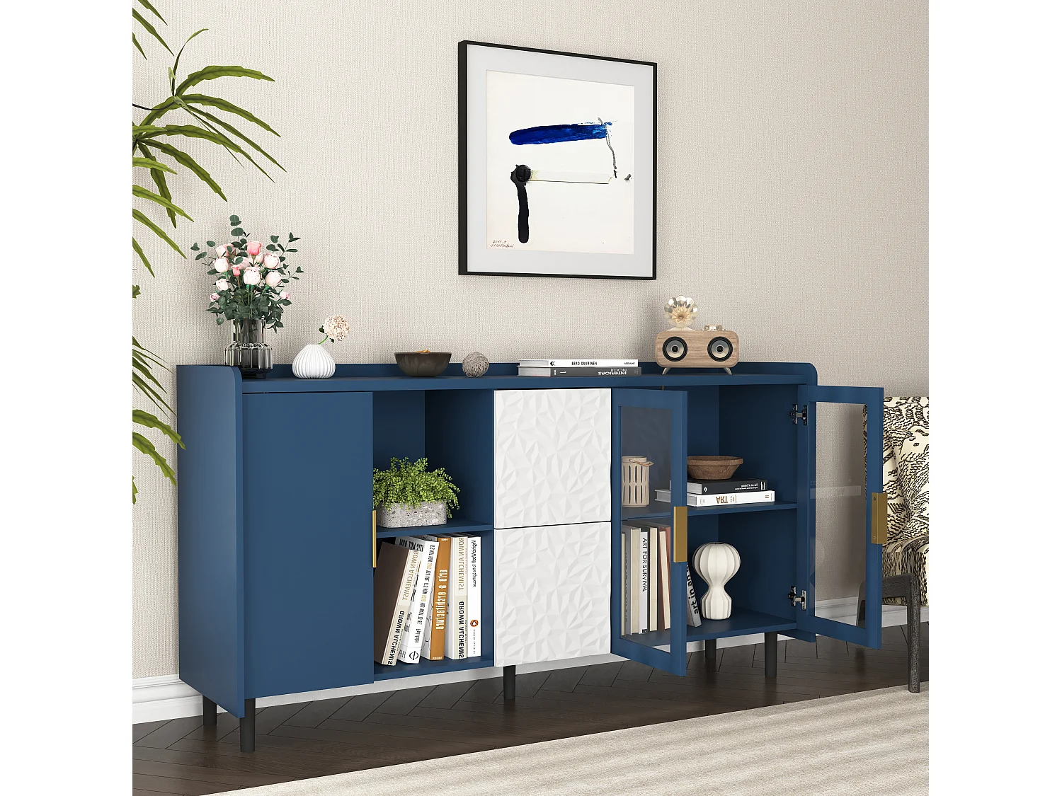 Vorratsschrank pour la cuisine avec 2 tiroirs, 2 étagères ouvertes et 2 portes en verre, meuble buffet en MDF bleu (150x40x80 cm)