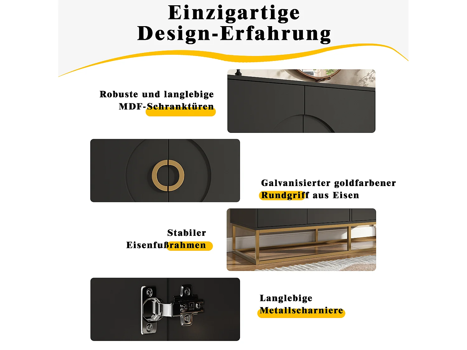 Meuble de rangement pour salle à manger, design minimaliste, MDF, noir, avec portes à anneau rond, 4 portes et 2 tiroirs (140x40x83 cm)