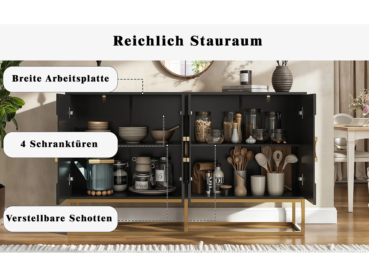 Meuble de rangement pour salle à manger, design minimaliste, MDF, noir, avec portes à anneau rond, 4 portes et 2 tiroirs (140x40x83 cm)