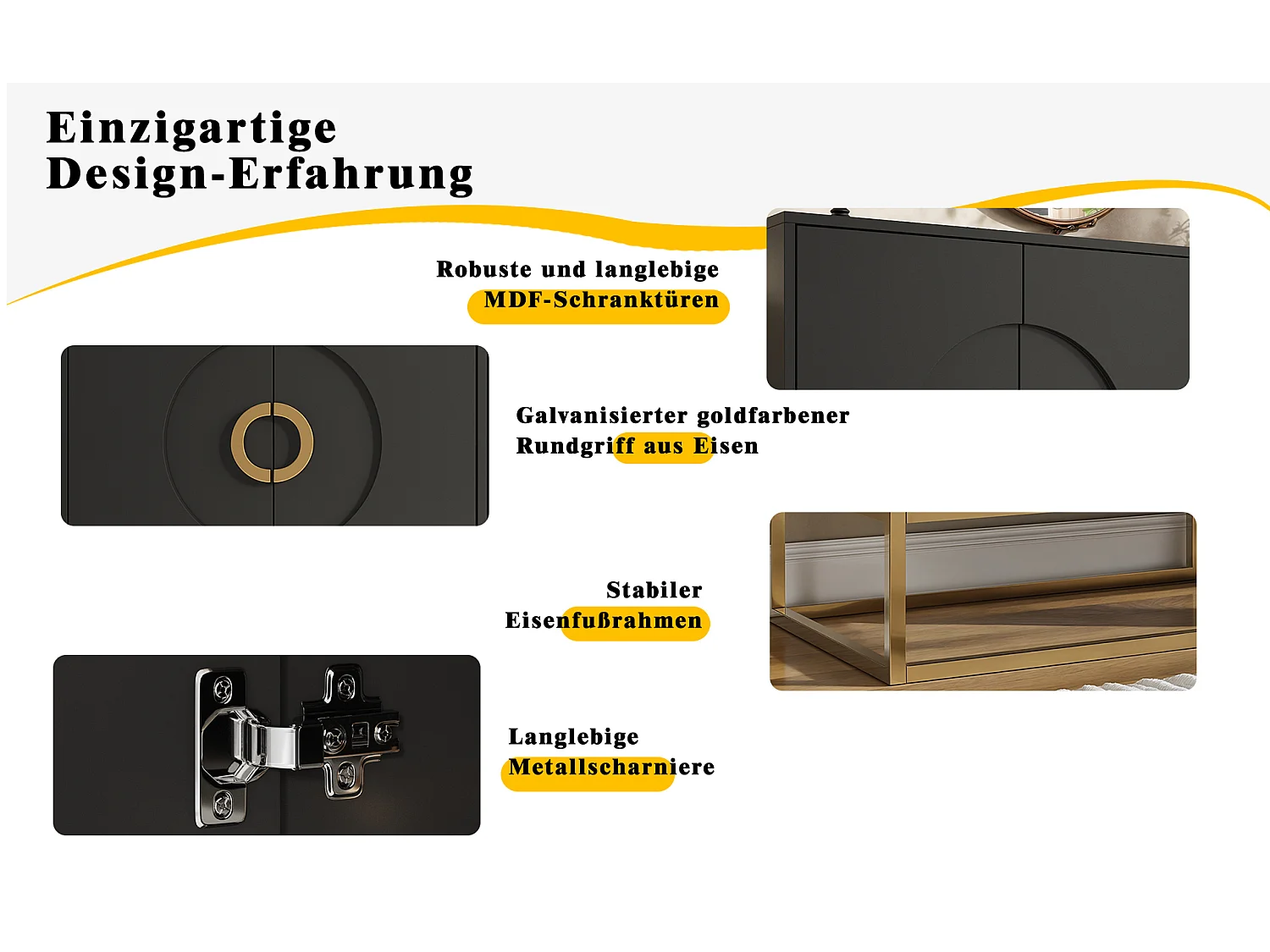 Meuble de rangement pour salle à manger, design minimaliste, MDF, noir, avec portes à anneau rond, 4 portes et 2 tiroirs (140x40x83 cm)