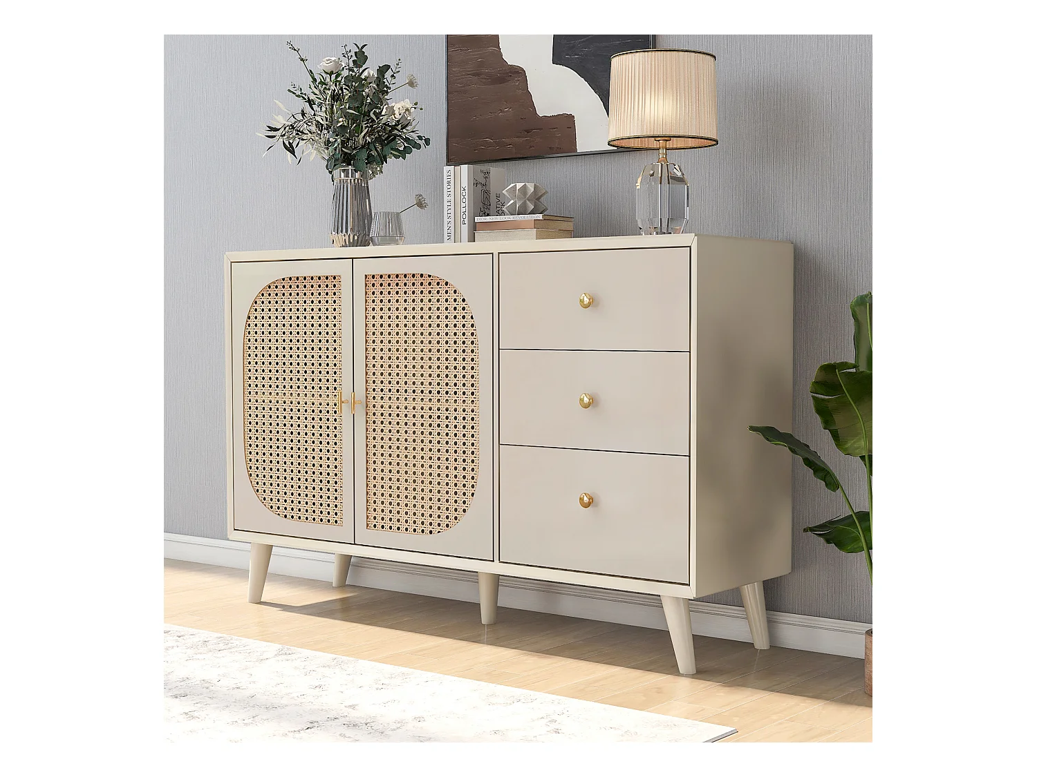 Buffet avec 2 portes et 3 tiroirs, en panneau de particules, couleur crème (120x40x82.5 cm)