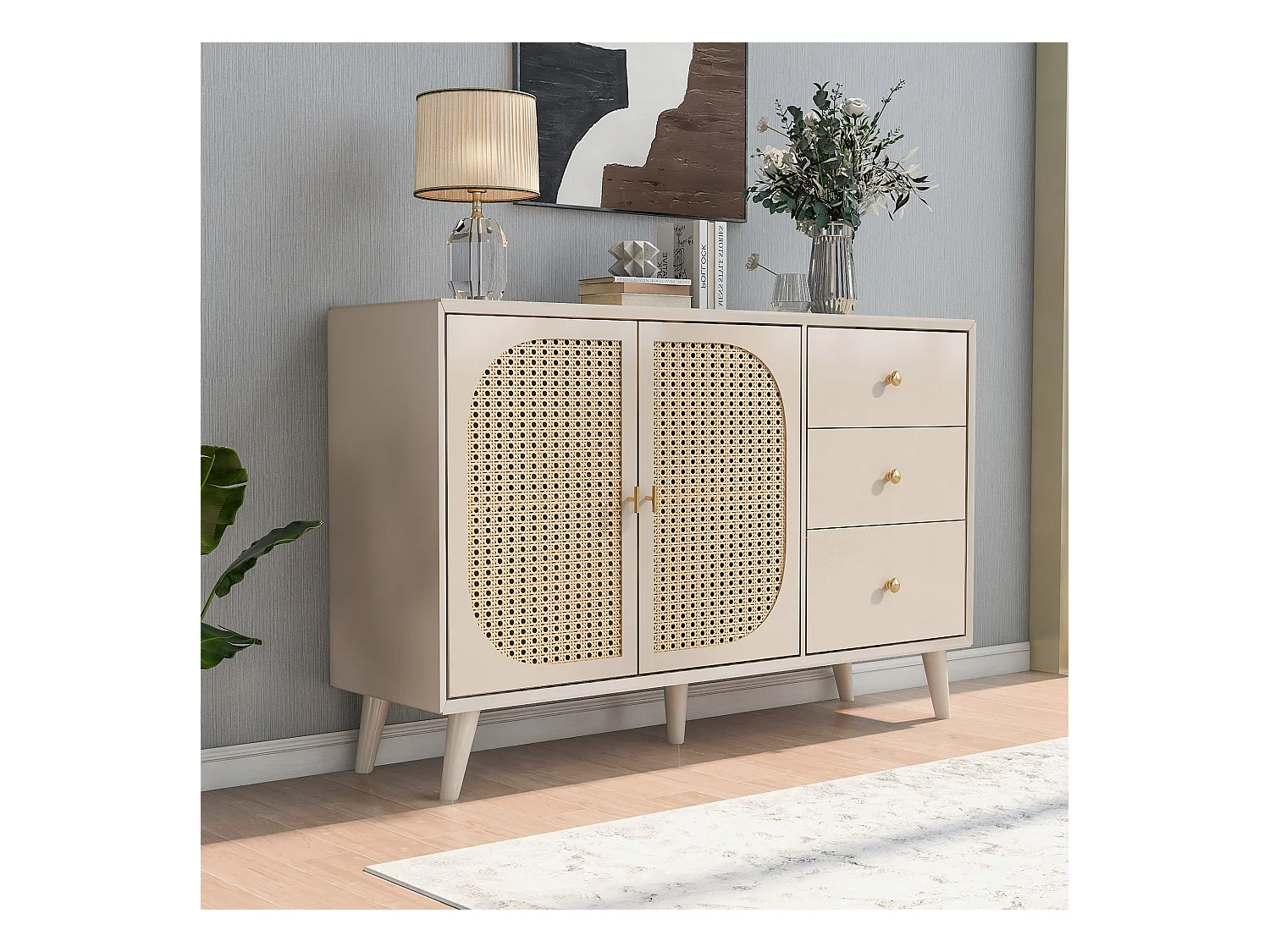 Buffet avec 2 portes et 3 tiroirs, en panneau de particules, couleur crème (120x40x82.5 cm)