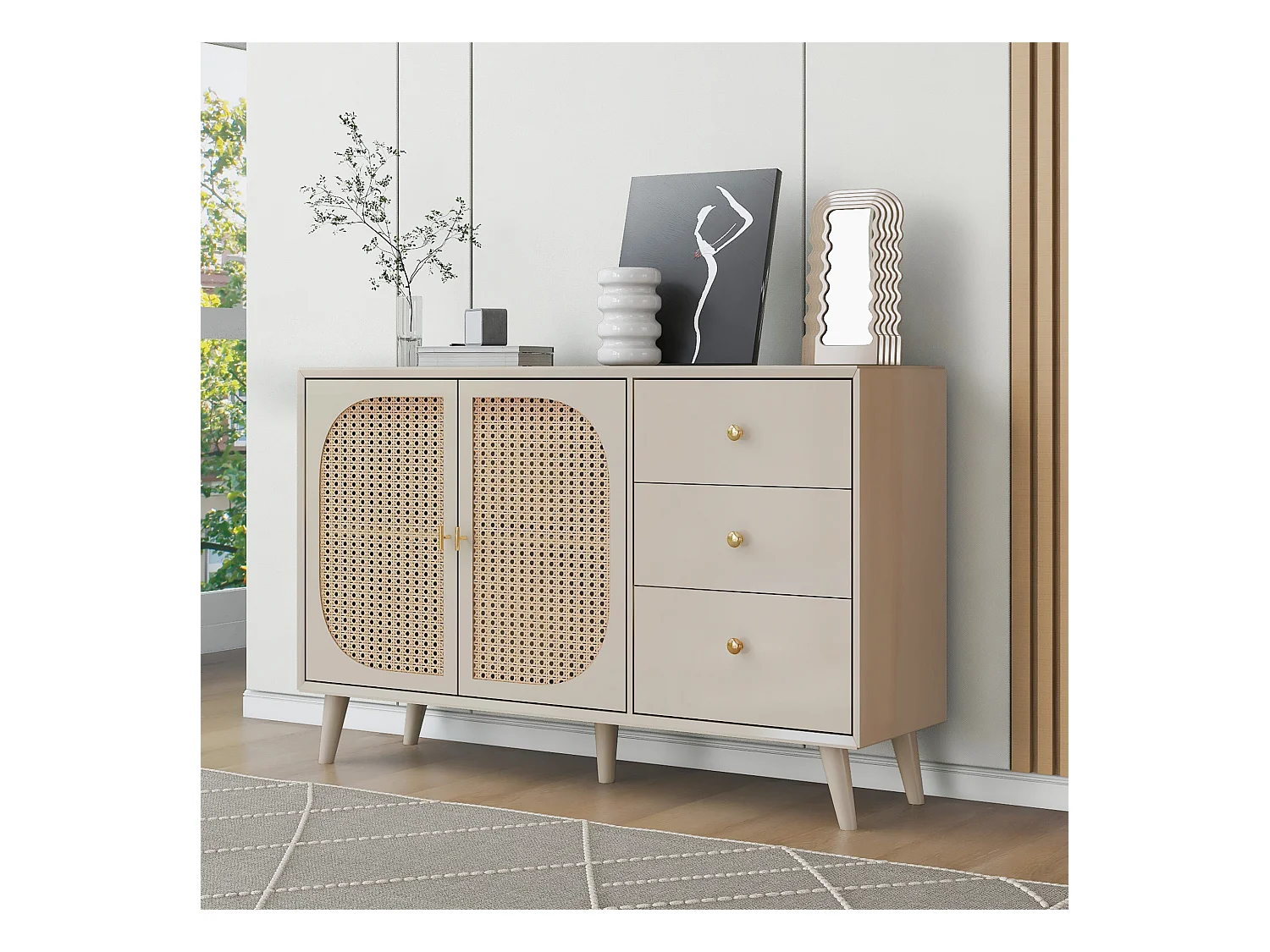 Buffet avec 2 portes et 3 tiroirs, en panneau de particules, couleur crème (120x40x82.5 cm)