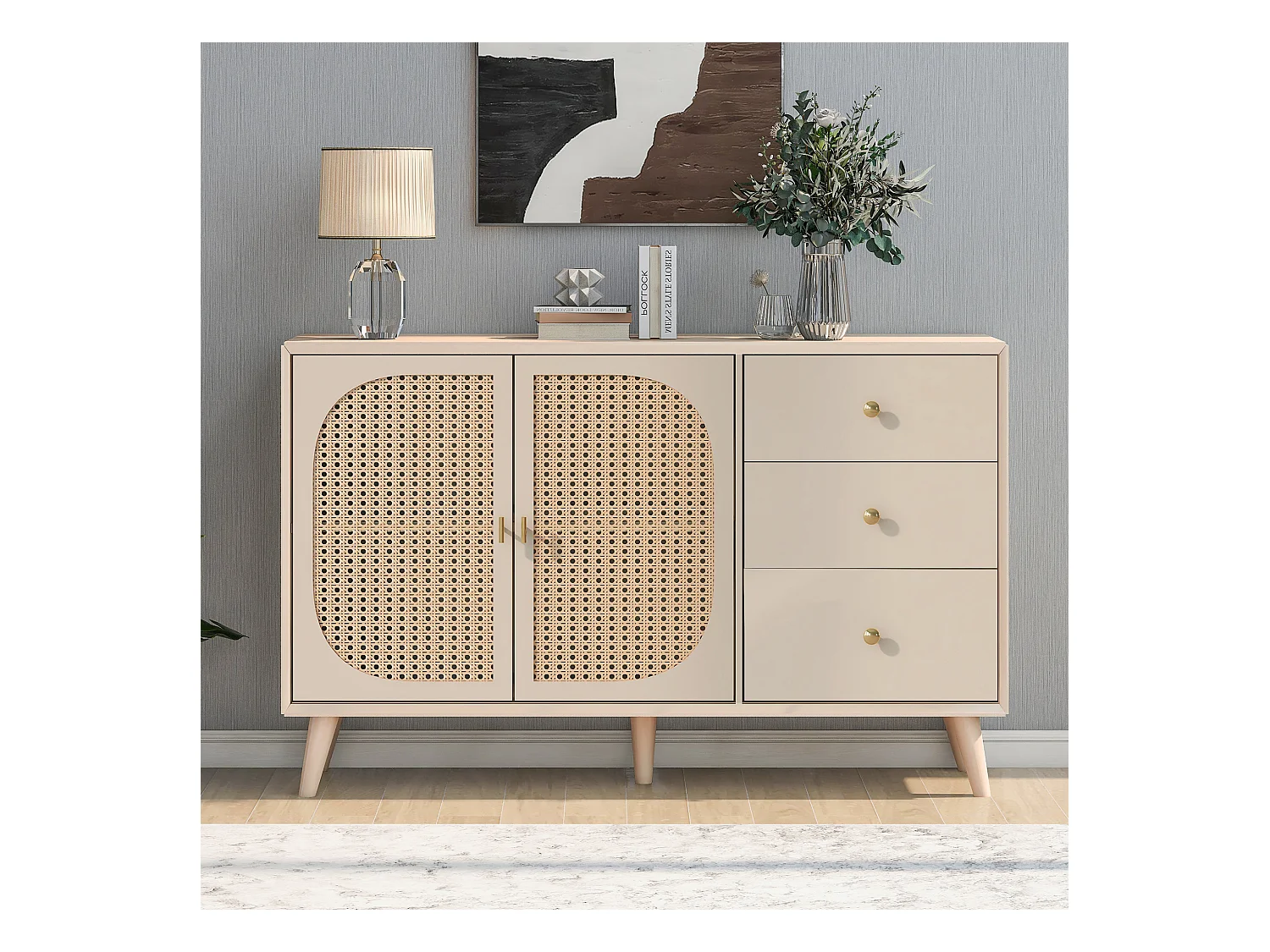 Buffet avec 2 portes et 3 tiroirs, en panneau de particules, couleur crème (120x40x82.5 cm)