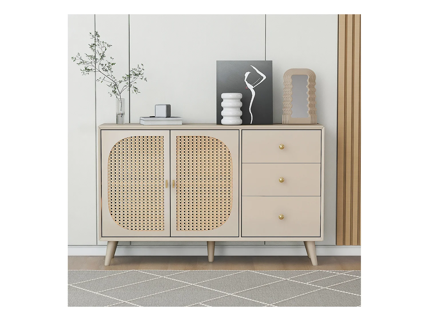 Credenza con 2 ante e 3 cassetti, realizzata in truciolare, colore crema (120x40x82,5 cm)