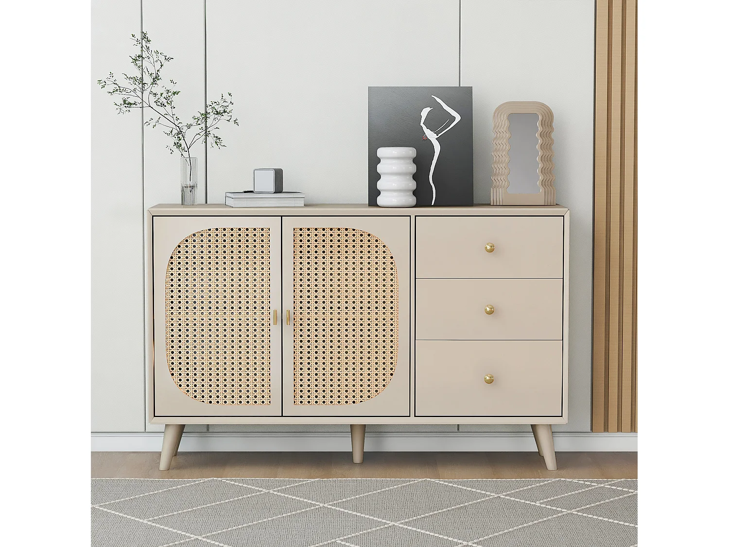 Aparador con 2 puertas y 3 cajones, fabricado en tableros de partículas, color crema (120x40x82,5 cm)