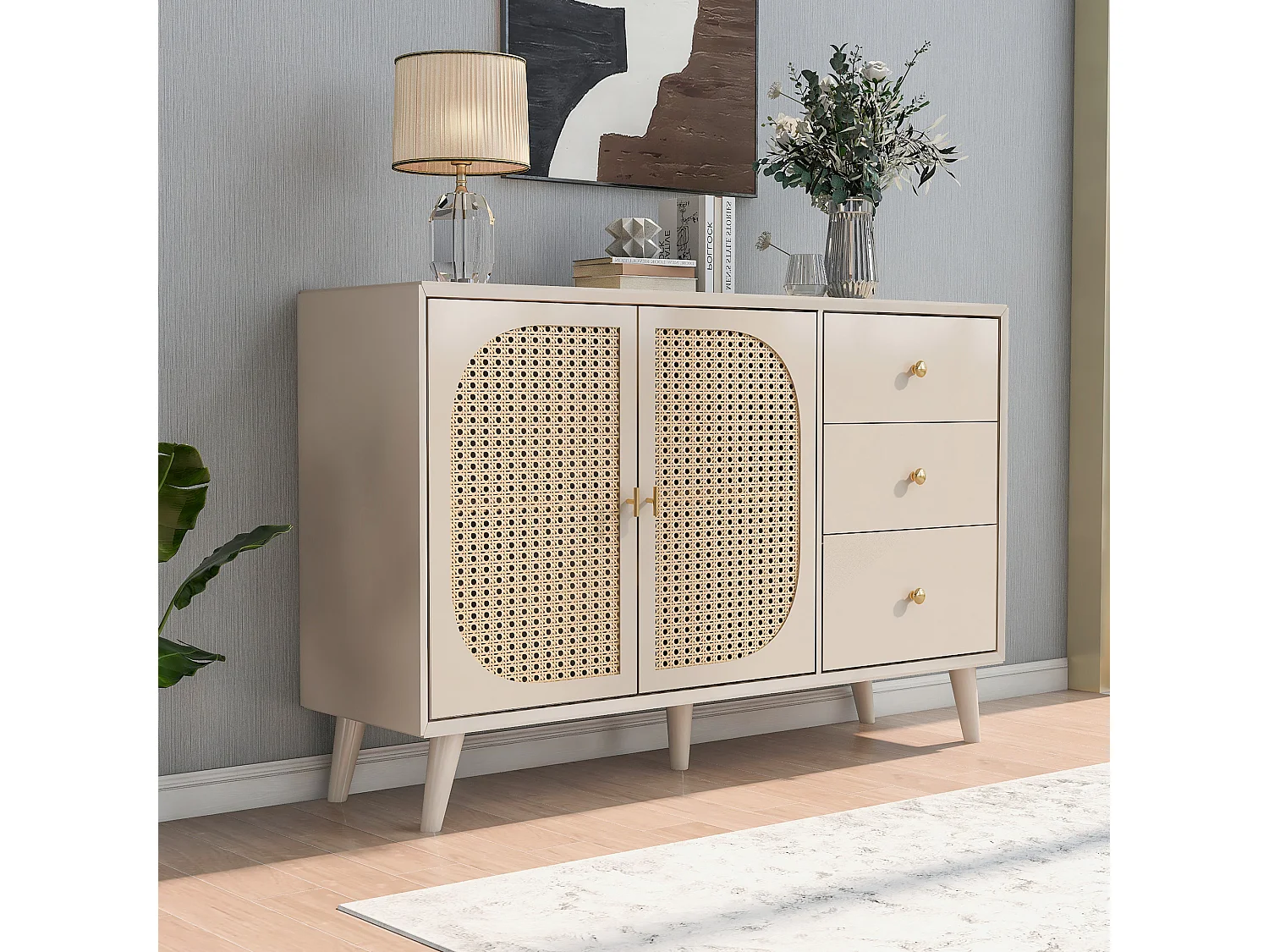 Aparador con 2 puertas y 3 cajones, fabricado en tableros de partículas, color crema (120x40x82,5 cm)