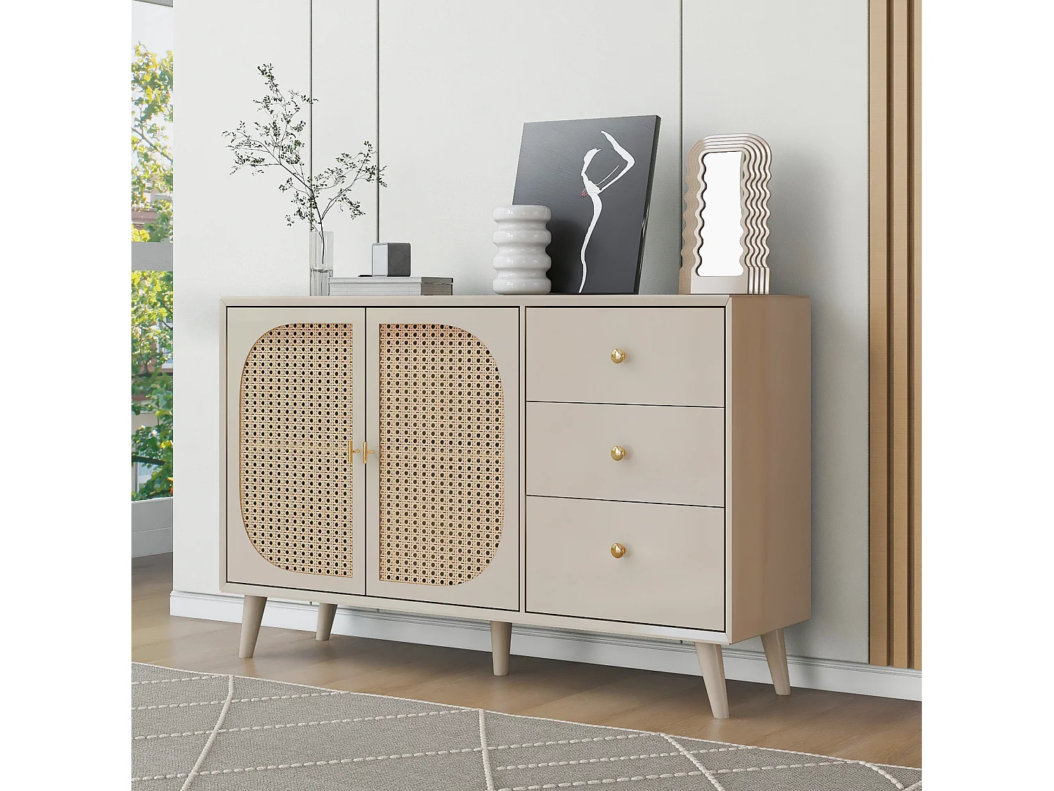 Aparador con 2 puertas y 3 cajones, fabricado en tableros de partículas, color crema (120x40x82,5 cm)