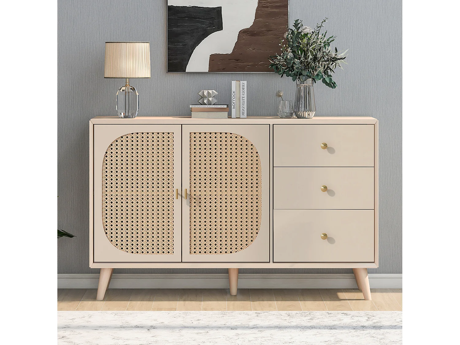 Aparador con 2 puertas y 3 cajones, fabricado en tableros de partículas, color crema (120x40x82,5 cm)