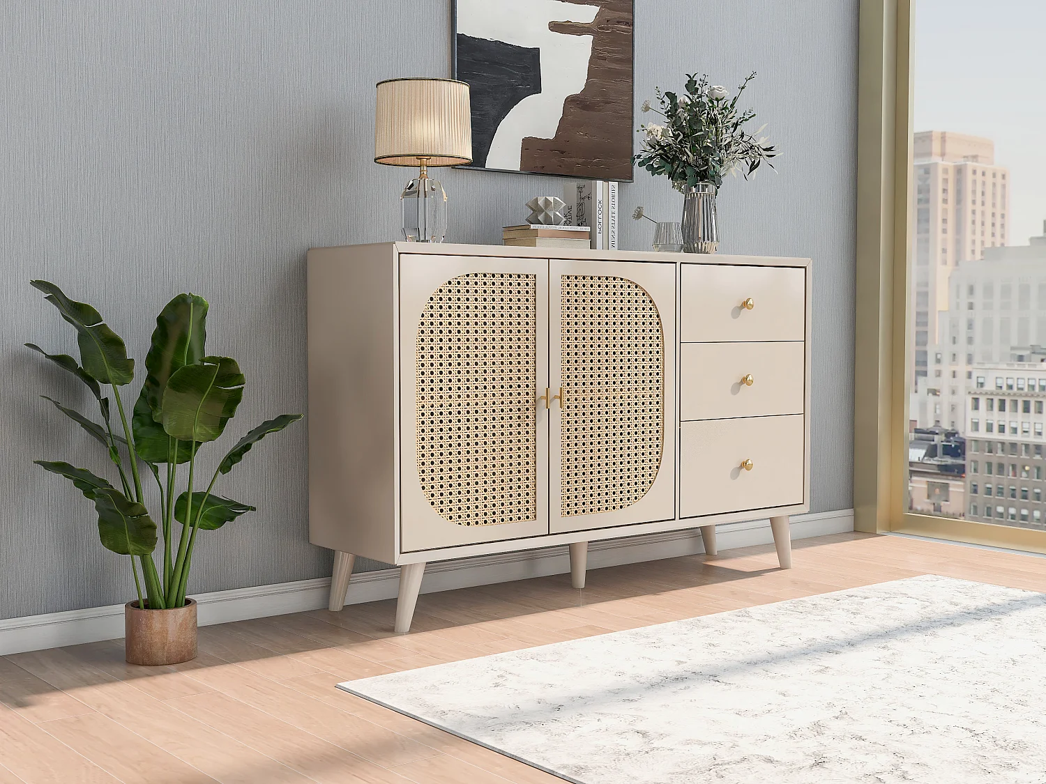 Aparador con 2 puertas y 3 cajones, fabricado en tableros de partículas, color crema (120x40x82,5 cm)