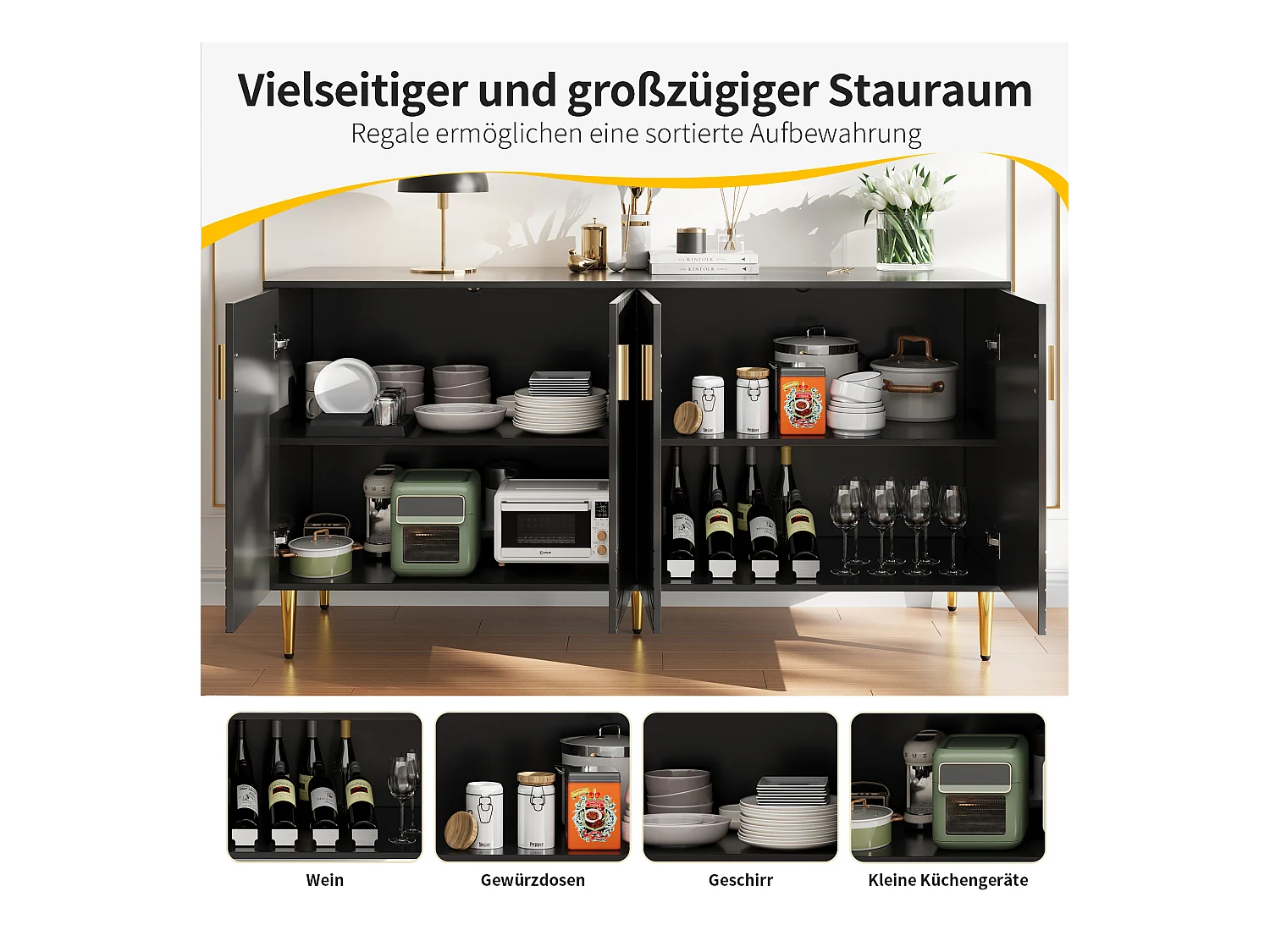 Buffet avec 3 portes en rotin, 2 tiroirs, bois (152x40x75 cm)