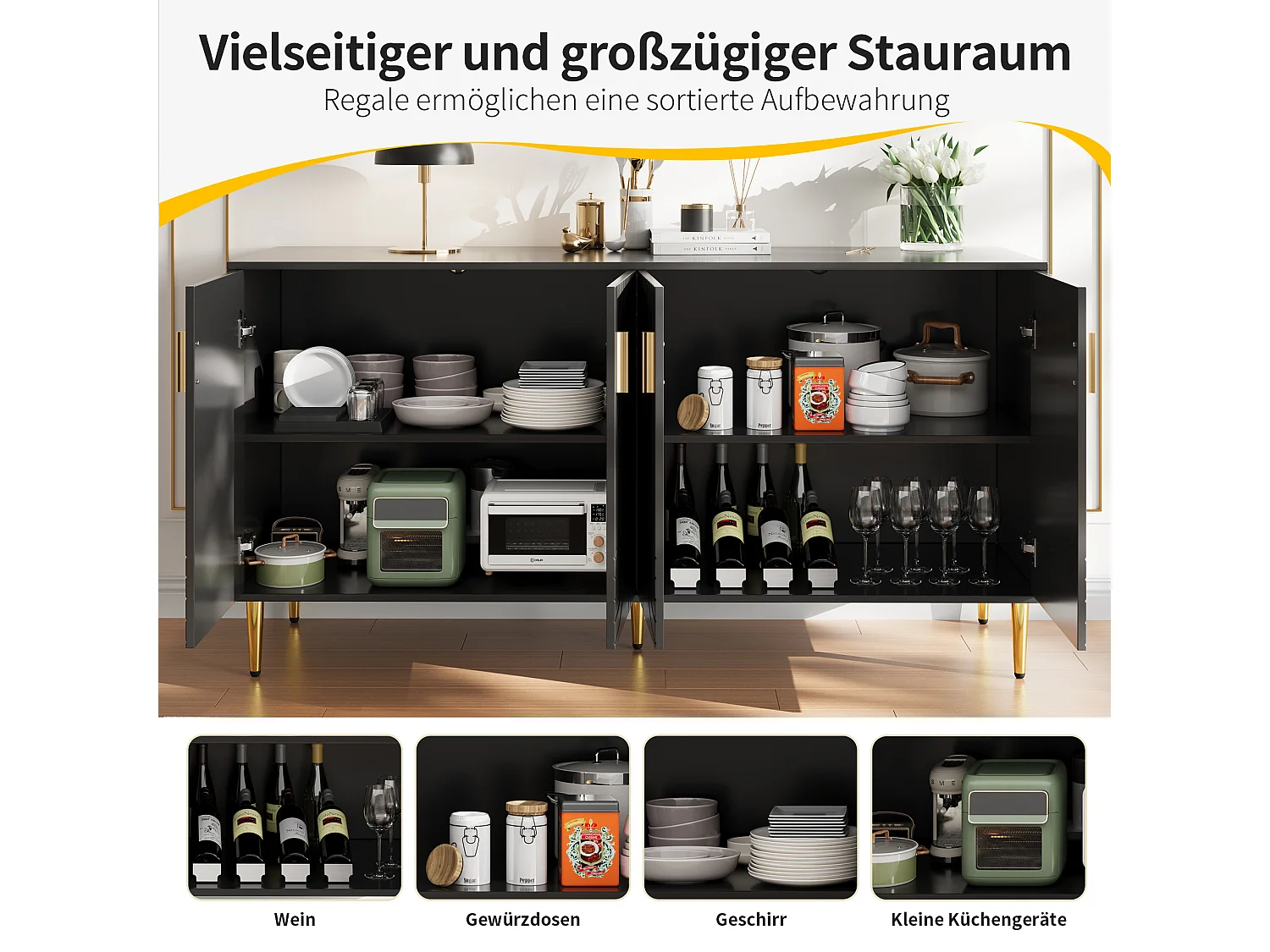 Buffet avec 3 portes en rotin, 2 tiroirs, bois (152x40x75 cm)