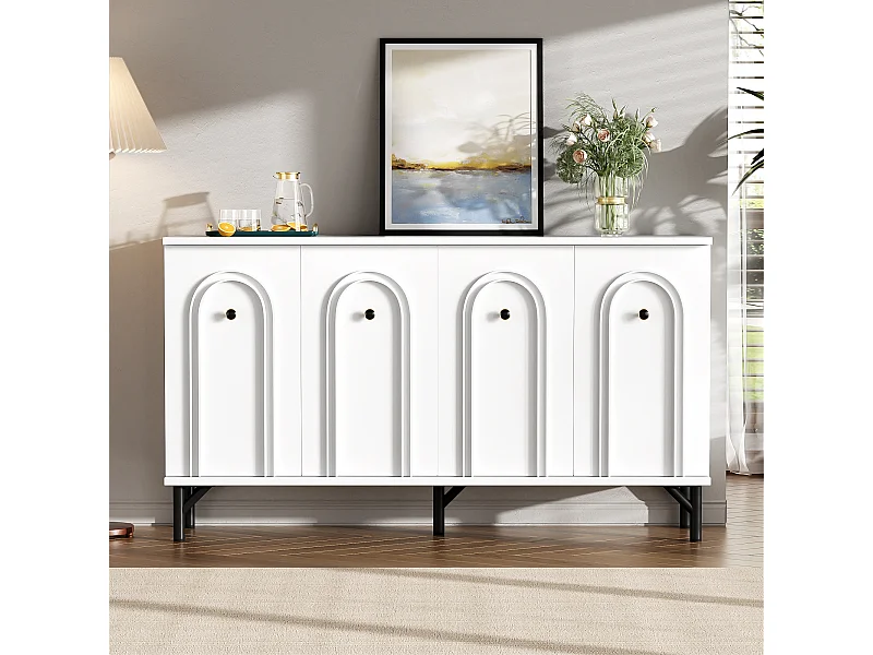 Modern dressoir met 4 deuren, elegant design, 3D-front, MDF, wit (140x34x78 cm)