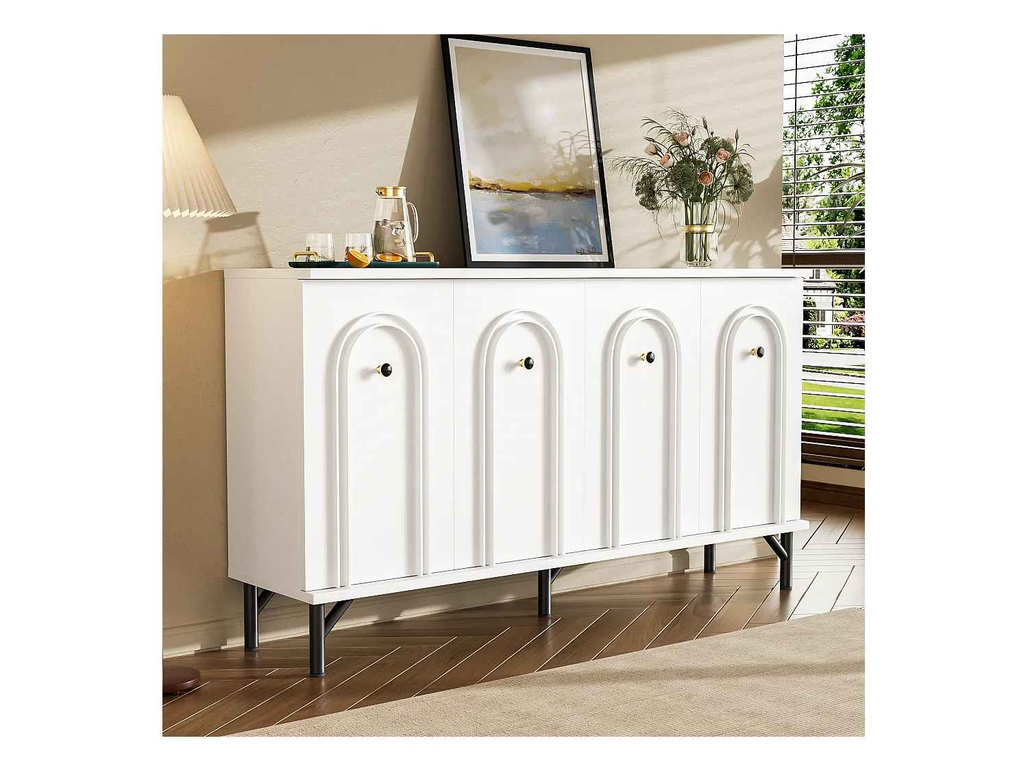 Buffet moderne 4 portes, design élégant, 3D-bogenfront, MDF, blanc (140x34x78 cm)