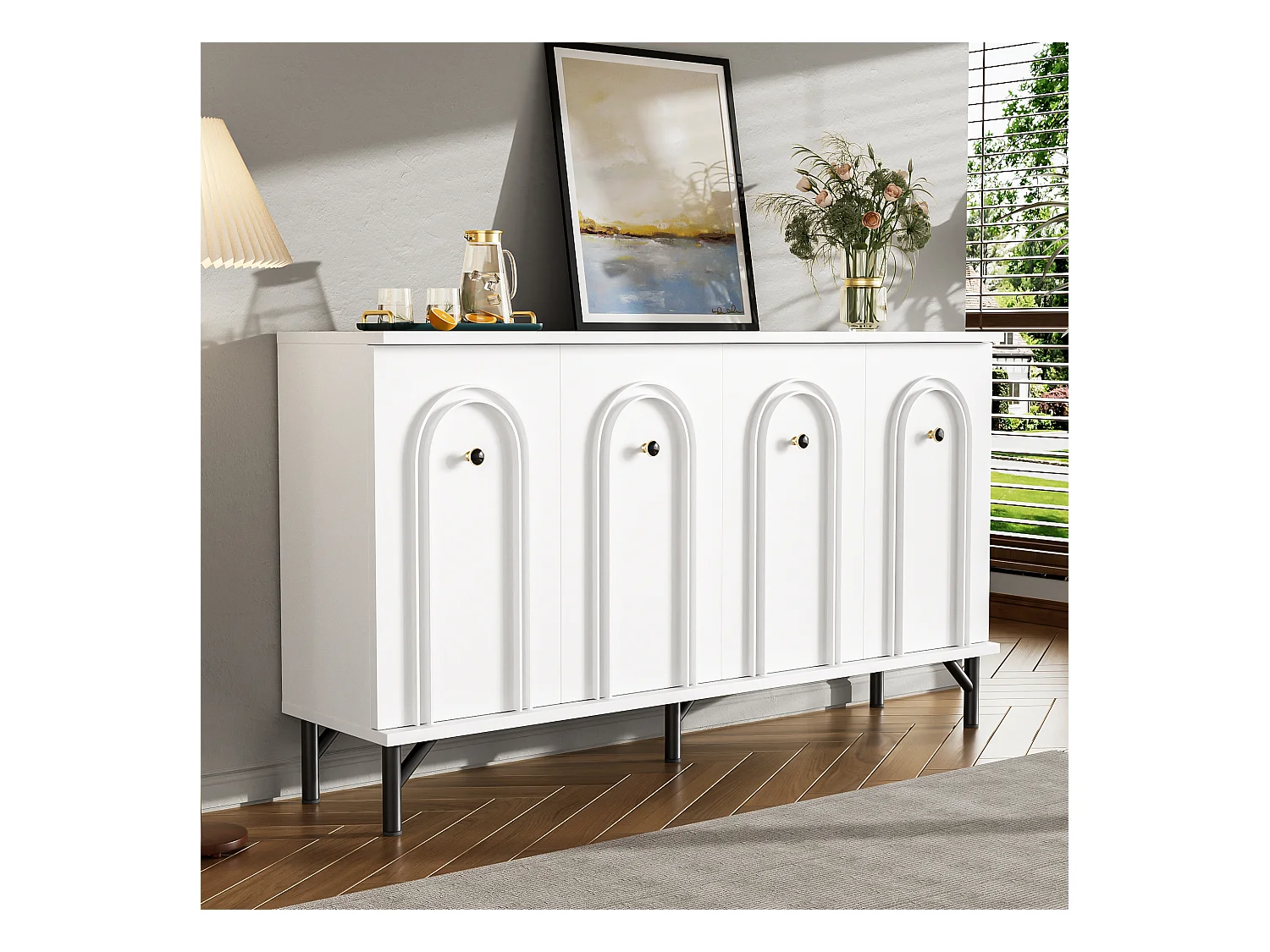 Buffet moderne 4 portes, design élégant, 3D-bogenfront, MDF, blanc (140x34x78 cm)