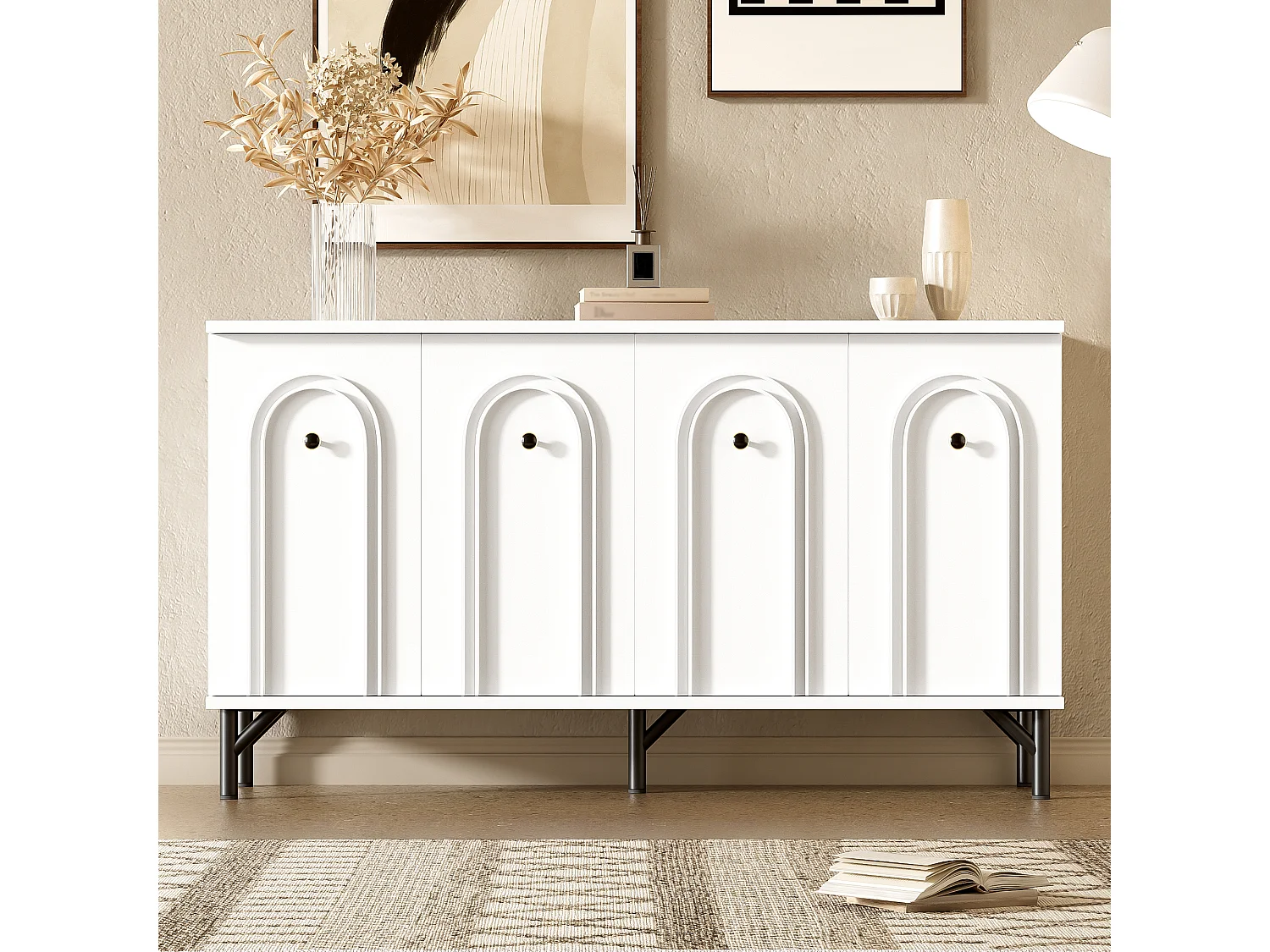 Buffet moderne 4 portes, design élégant, 3D-bogenfront, MDF, blanc (140x34x78 cm)