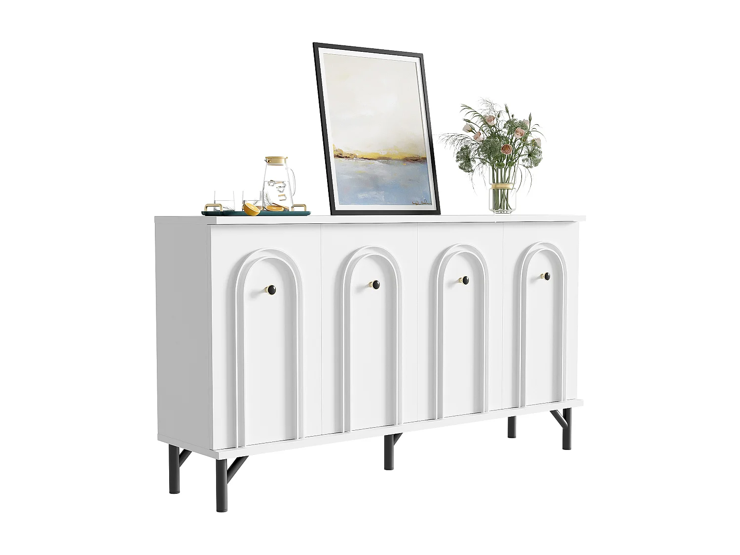 Buffet moderne 4 portes, design élégant, 3D-bogenfront, MDF, blanc (140x34x78 cm)