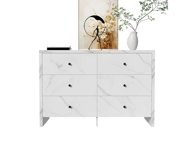 Buffet élégant avec 6 tiroirs, design en bois, finition effet marbre, panneau de particules, blanc (120x40x80 cm)