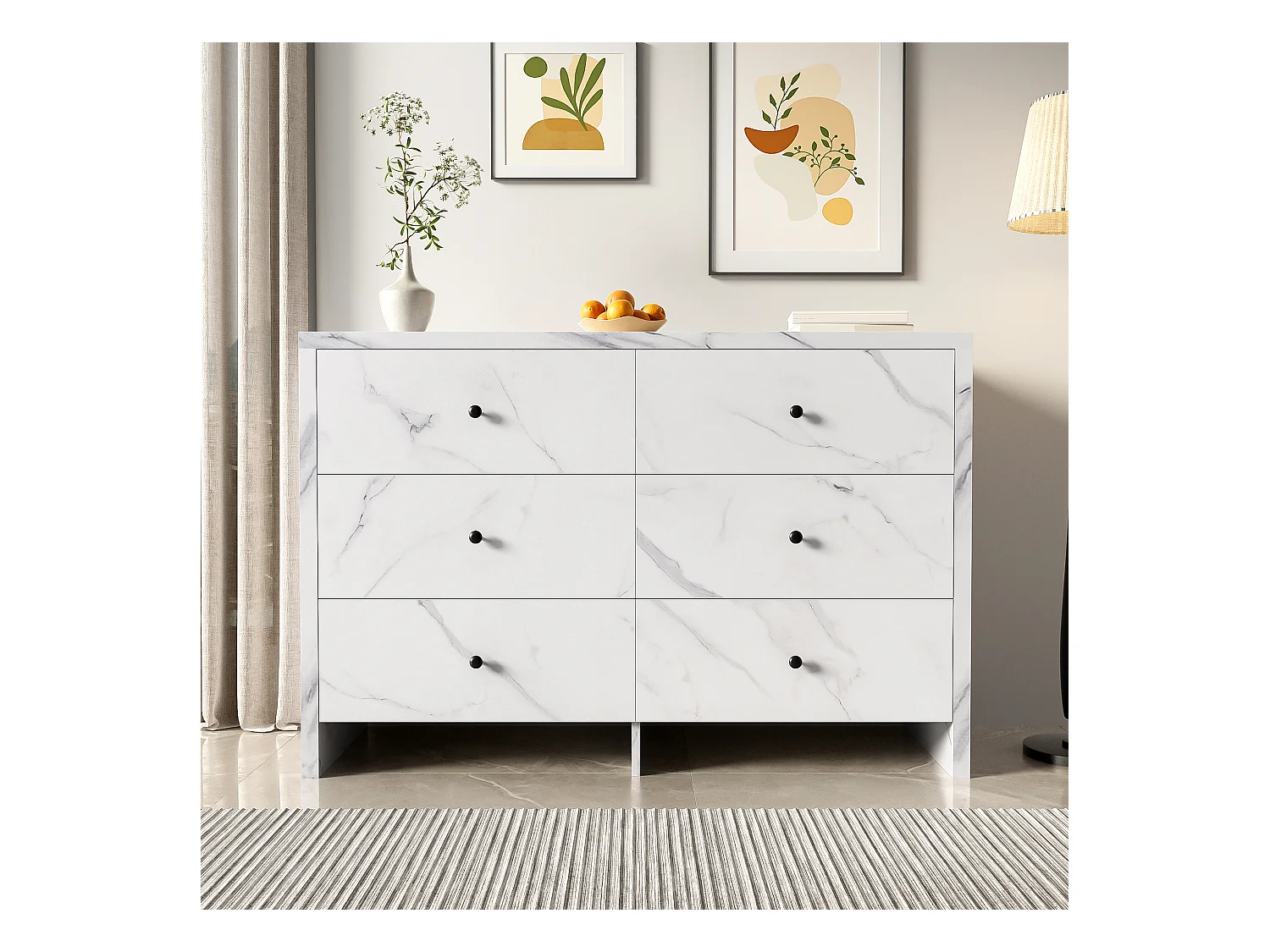 Buffet élégant avec 6 tiroirs, design en bois, finition effet marbre, panneau de particules, blanc (120x40x80 cm)