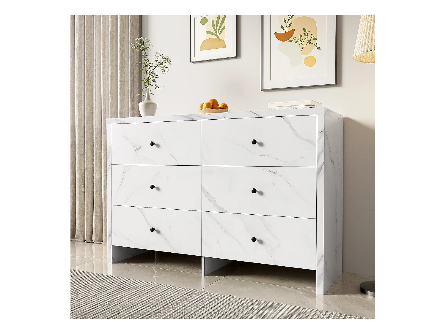 Elegant dressoir met 6 lades, houten design, marmerlook afwerking, spaanplaat, wit (120x40x80 cm)