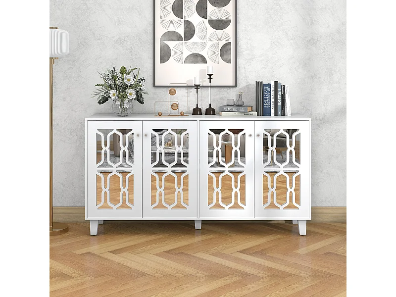 Credenza con 4 ante e ripiani regolabili, specchio bianco, MDF (160x40x84 cm)