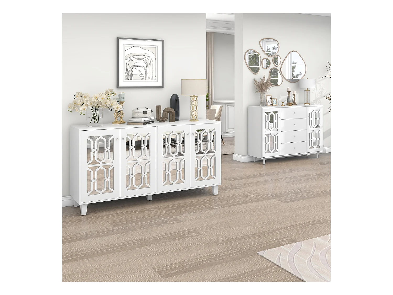 Buffet avec 4 portes et étagères ajustables, miroir blanc, MDF (160x40x84 cm)