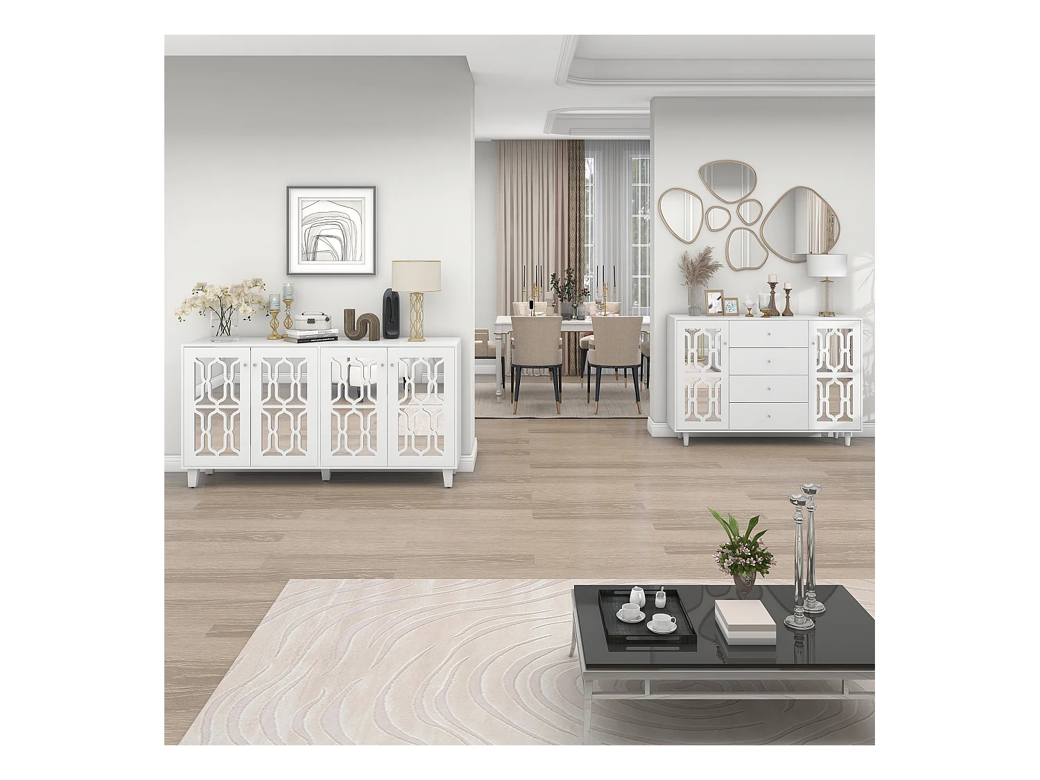 Buffet avec 4 portes et étagères ajustables, miroir blanc, MDF (160x40x84 cm)