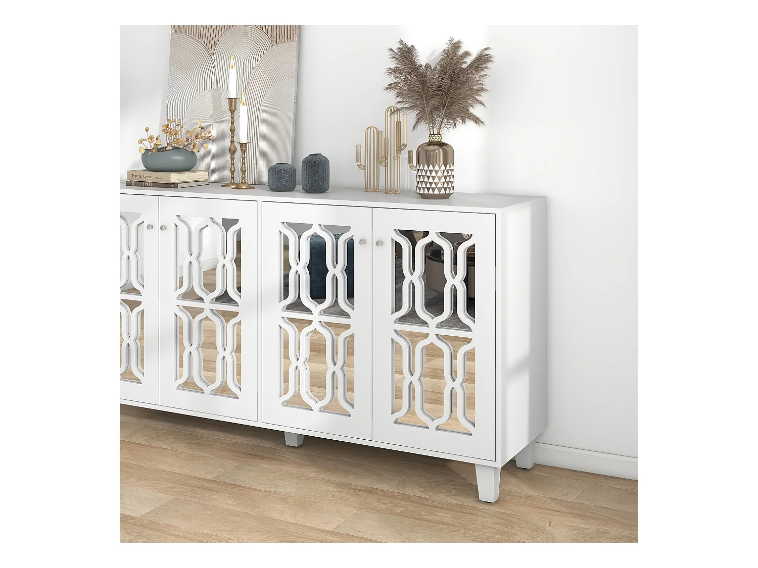 Buffet avec 4 portes et étagères ajustables, miroir blanc, MDF (160x40x84 cm)