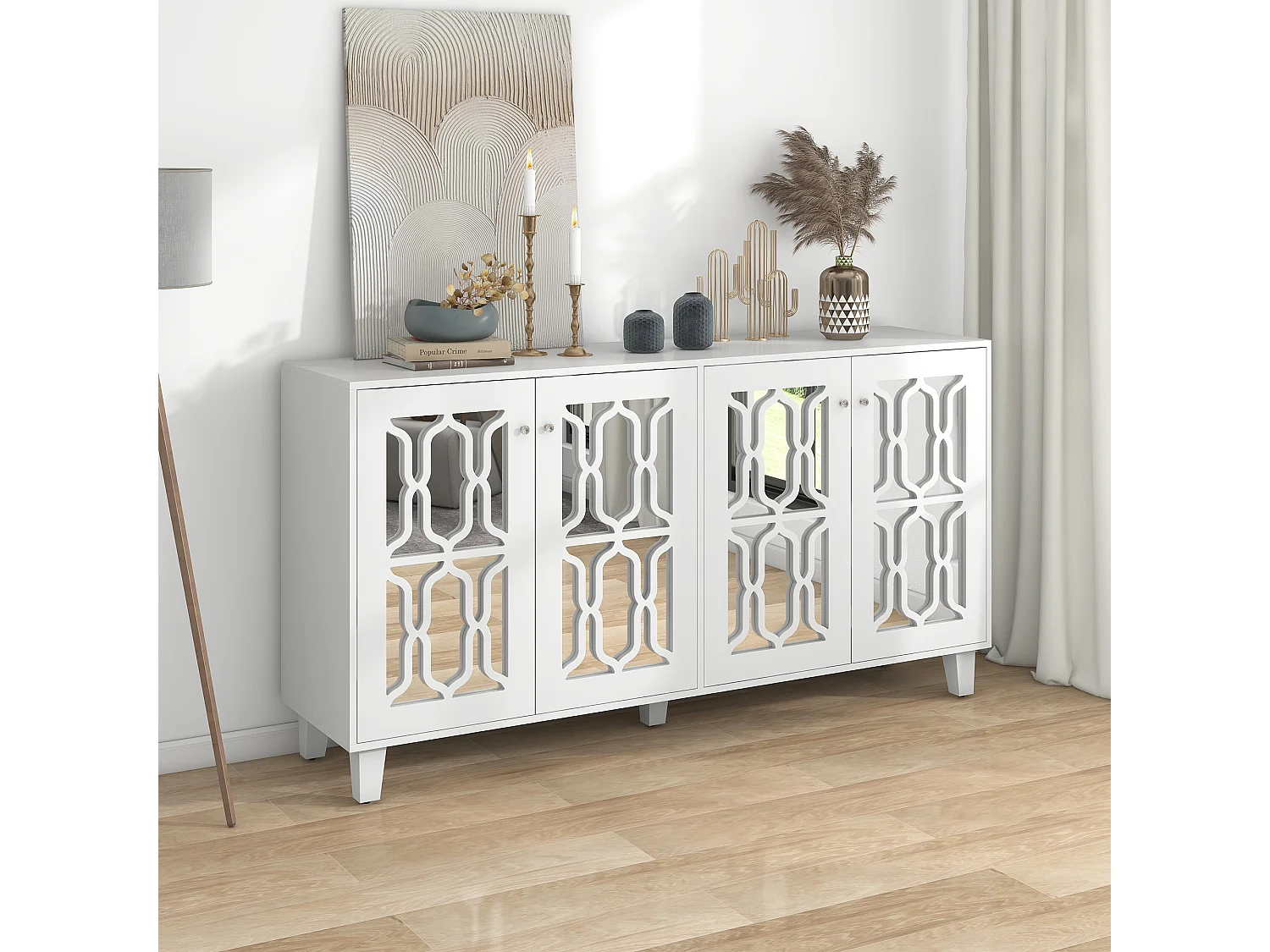 Dressoir met 4 deuren en verstelbare planken, witte spiegel, MDF (160x40x84 cm)