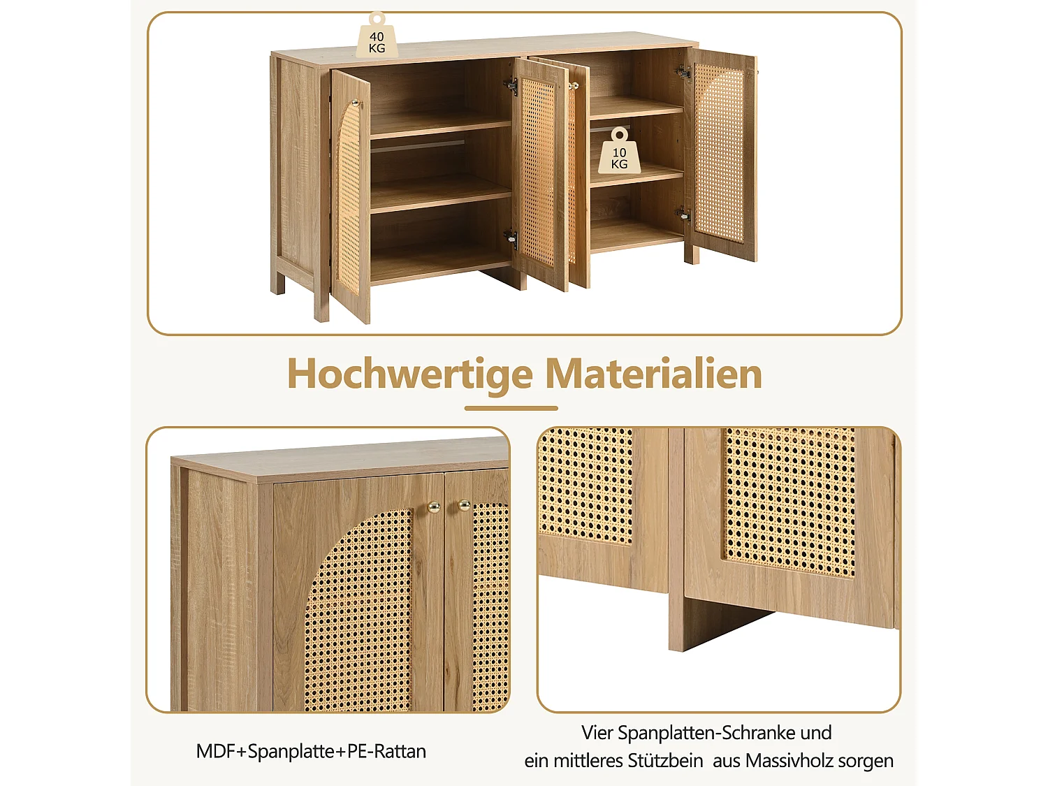 Buffet moderne à 4 portes, design épuré, MDF, naturel (145x80x40 cm)