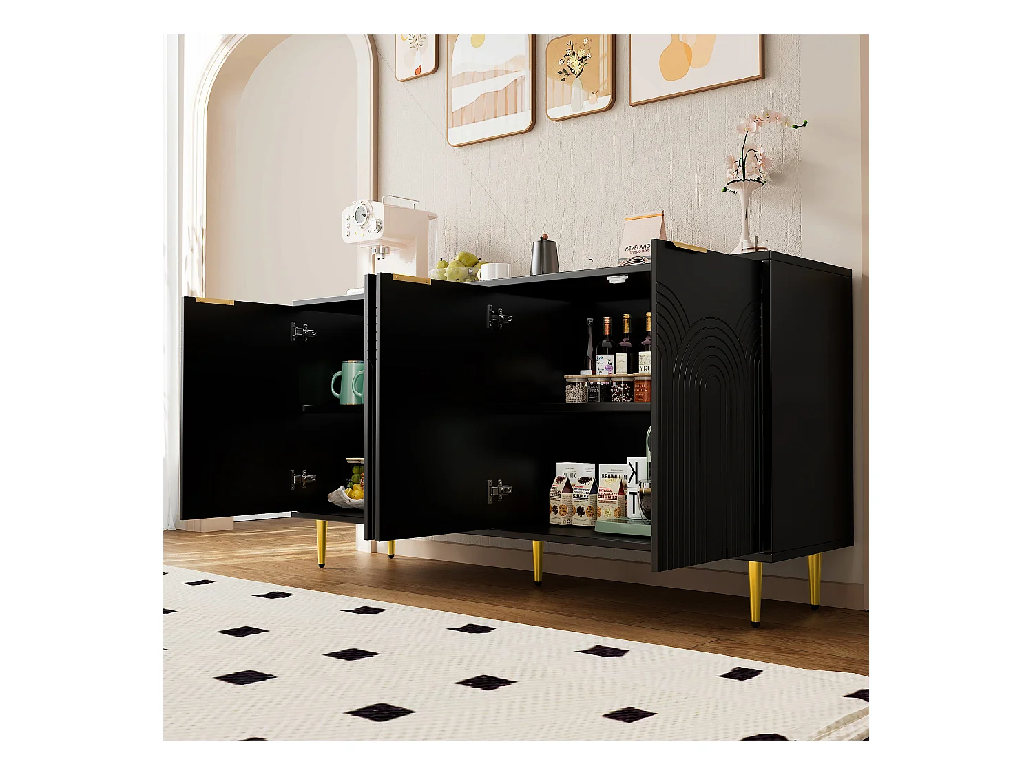 Buffet moderne, 4 portes, avec poignées dorées brossées, MDF, noir (160x40x80 cm)