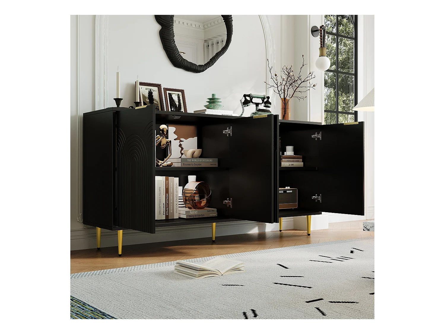 Buffet moderne, 4 portes, avec poignées dorées brossées, MDF, noir (160x40x80 cm)