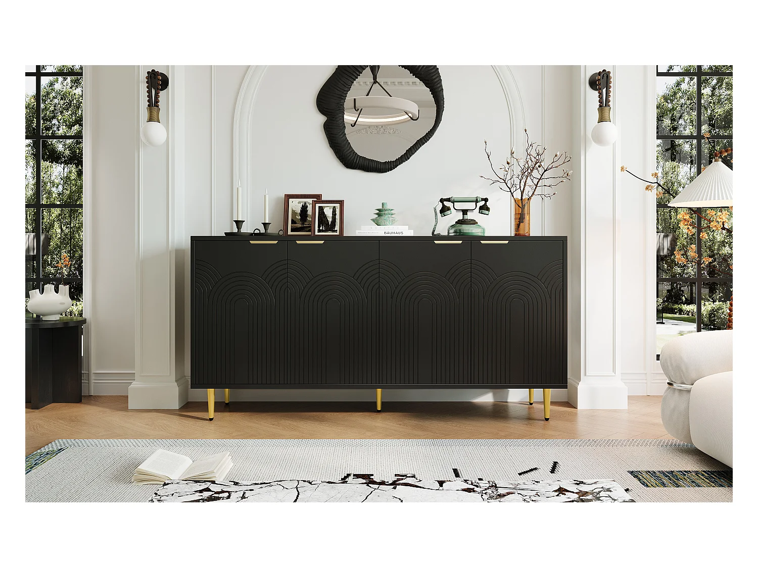 Buffet moderne, 4 portes, avec poignées dorées brossées, MDF, noir (160x40x80 cm)