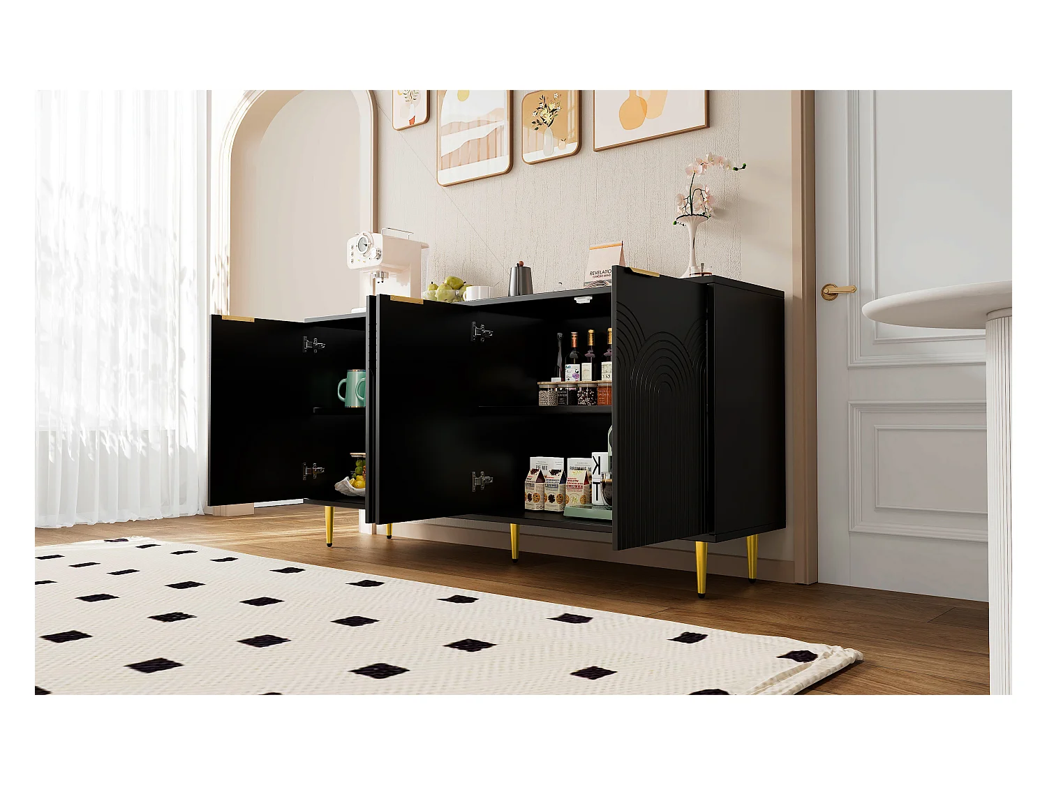 Buffet moderne, 4 portes, avec poignées dorées brossées, MDF, noir (160x40x80 cm)
