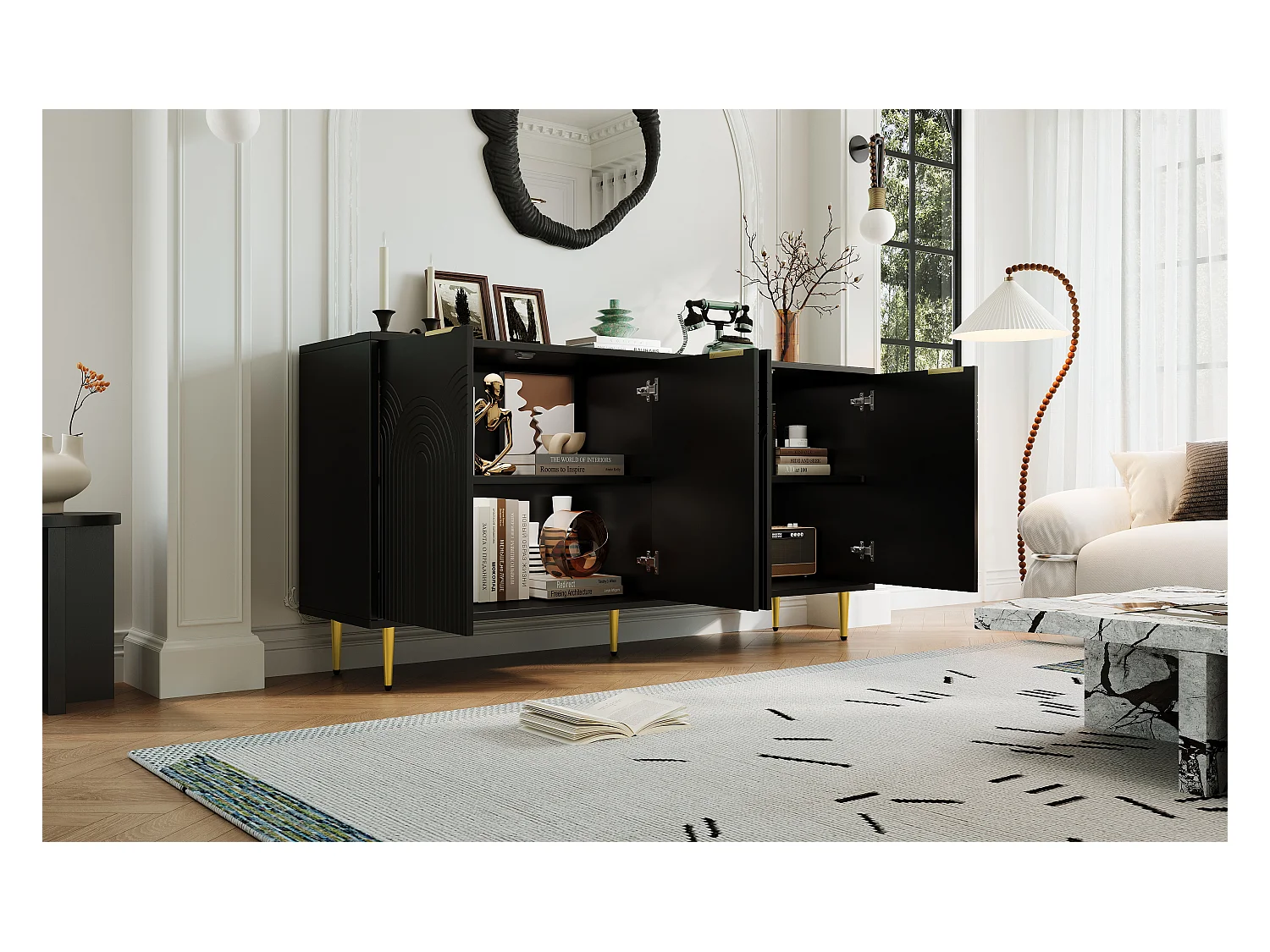 Buffet moderne, 4 portes, avec poignées dorées brossées, MDF, noir (160x40x80 cm)