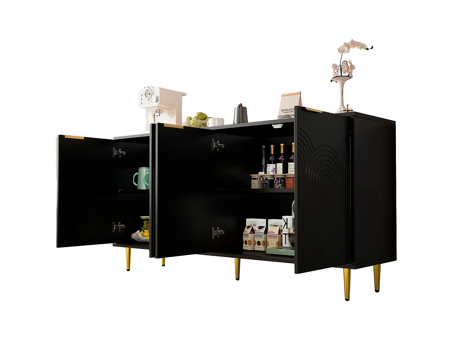 Buffet moderne, 4 portes, avec poignées dorées brossées, MDF, noir (160x40x80 cm)