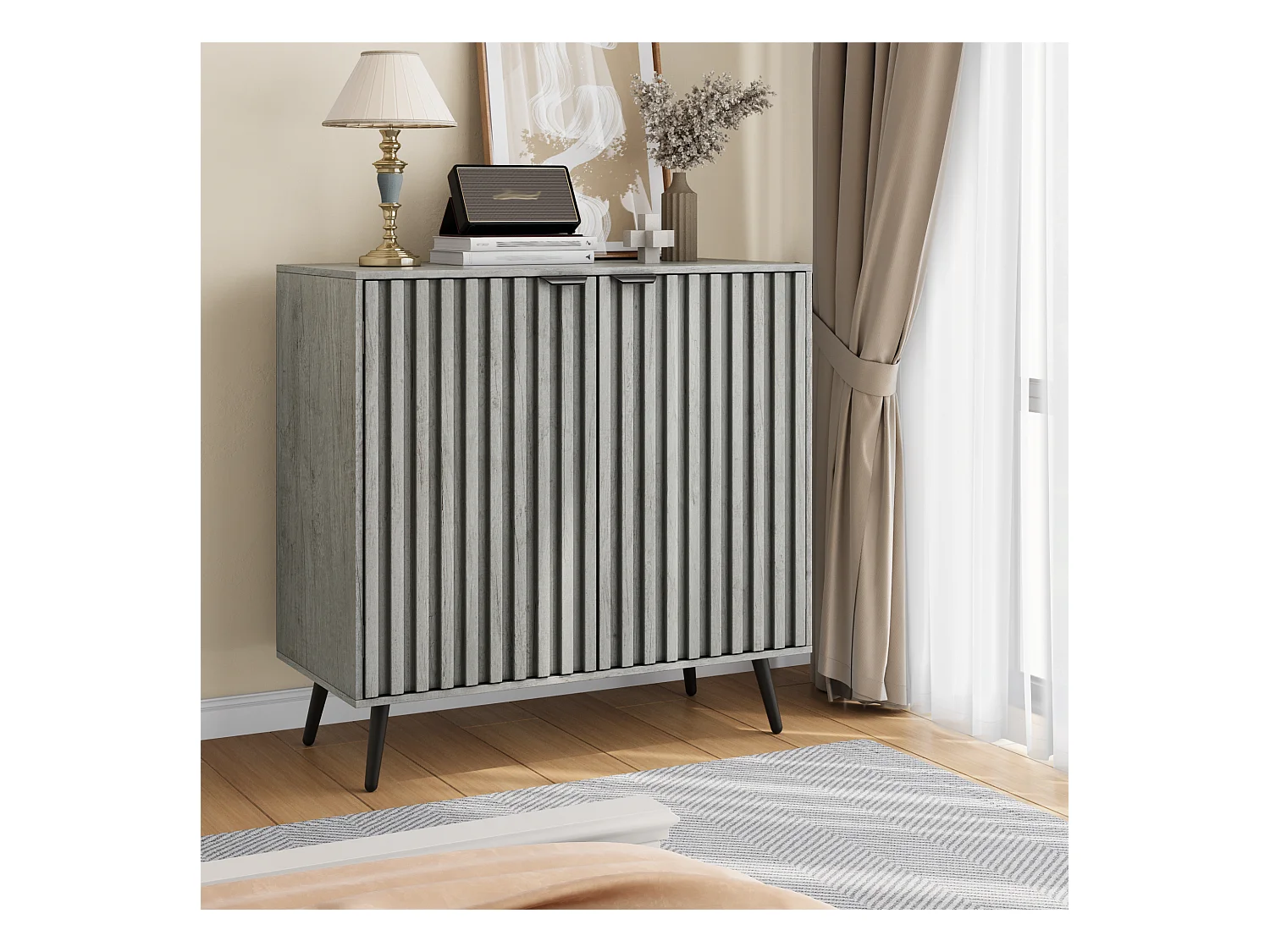 Mueble aparador con diseño ranurado, MDF, gris, estantes regulables (80,5x38,2x80 cm)