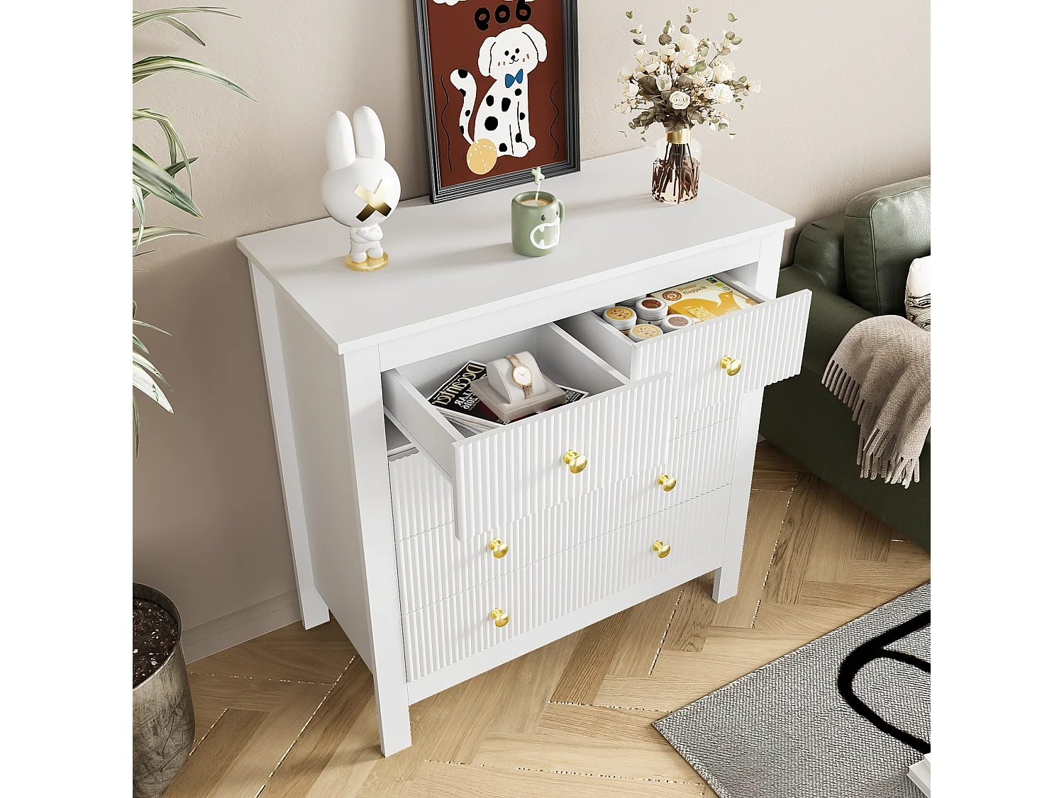 Buffet avec 5 tiroirs et portes spéciales, avec poignées dorées, en panneau de particules, blanc (79x39.5x80.5 cm)