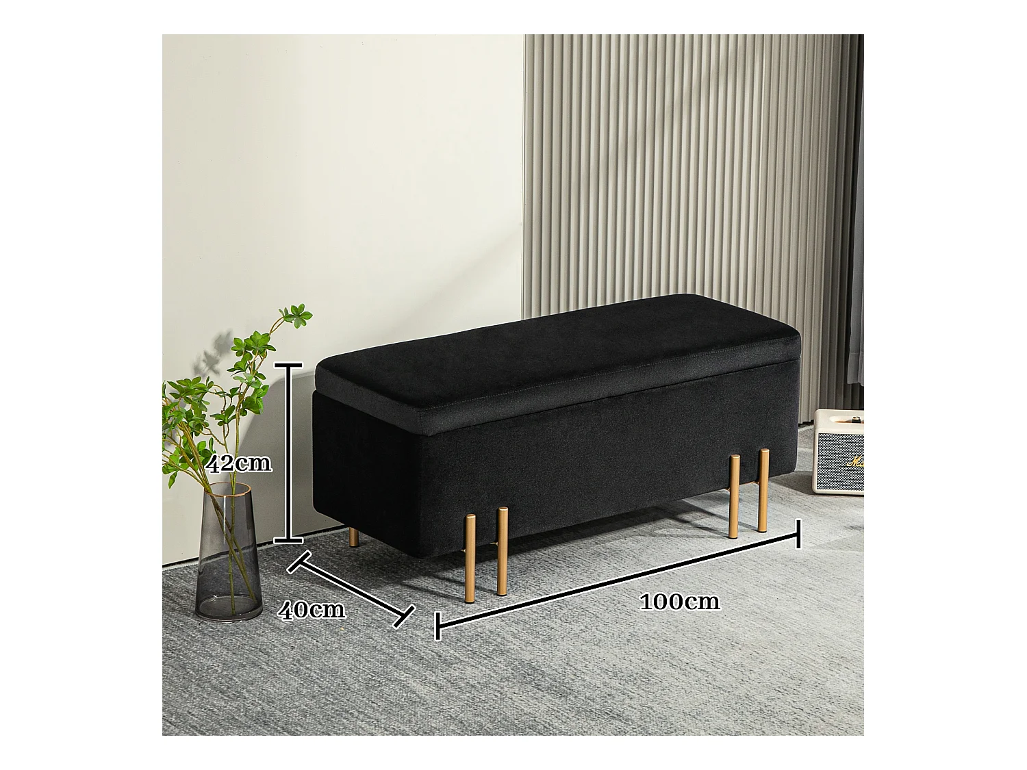 Banc coffre de rangement, tissu et bois, rembourré, noir, multifonctionnel (100x40x42cm)