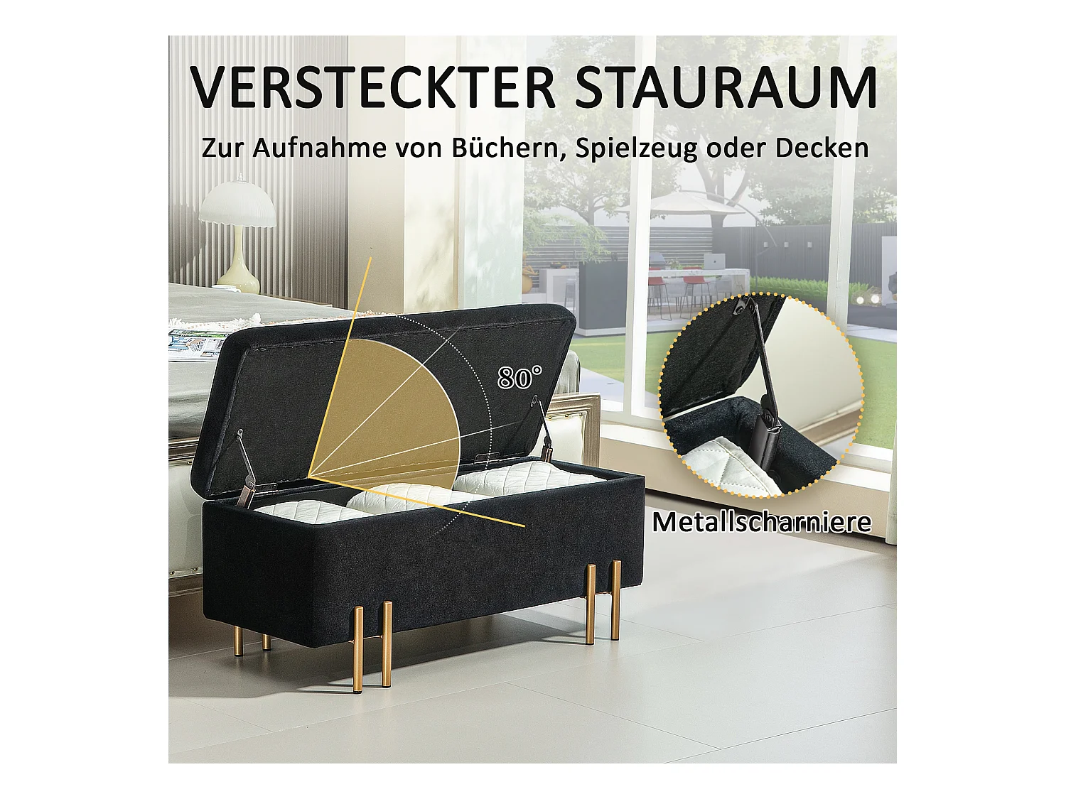 Banc coffre de rangement, tissu et bois, rembourré, noir, multifonctionnel (100x40x42cm)