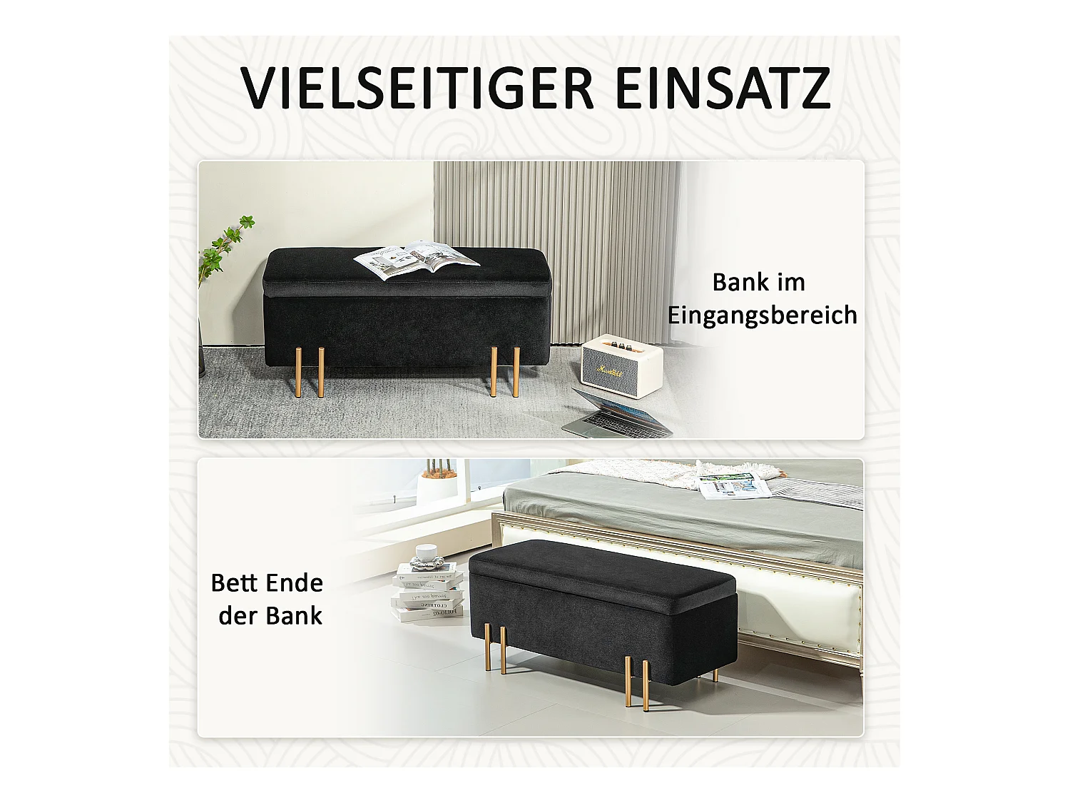 Banc coffre de rangement, tissu et bois, rembourré, noir, multifonctionnel (100x40x42cm)