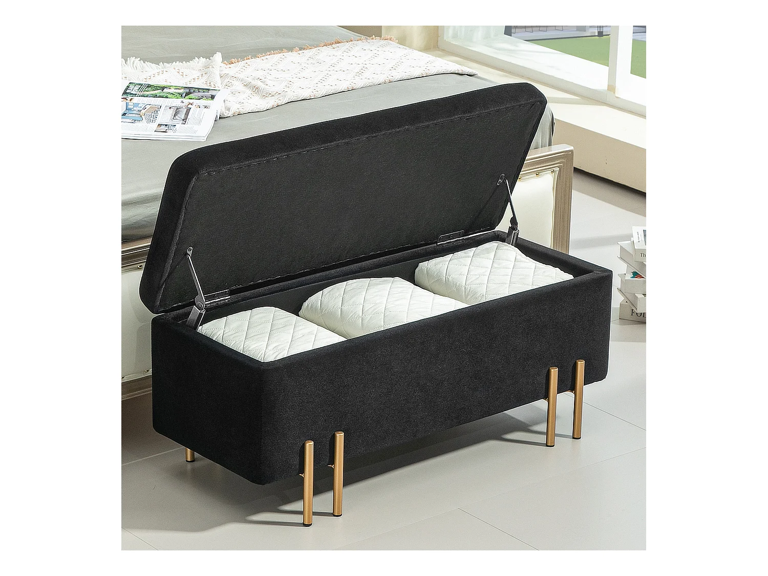 Banc coffre de rangement, tissu et bois, rembourré, noir, multifonctionnel (100x40x42cm)